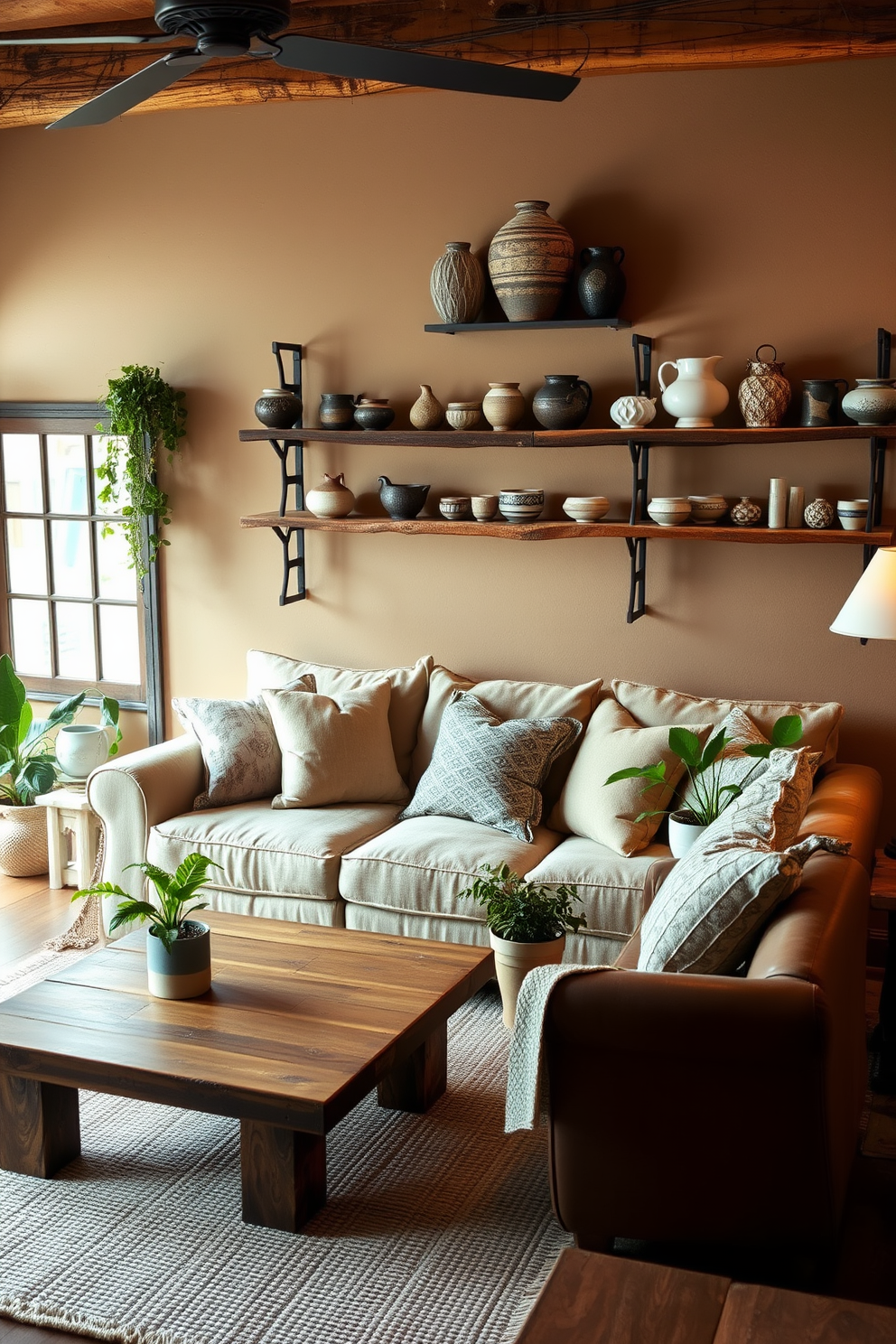 A cozy rustic living room features handmade pottery and ceramics displayed prominently on wooden shelves. The room is adorned with a large, comfortable sofa upholstered in natural fabrics, complemented by a reclaimed wood coffee table and warm, ambient lighting. The walls are painted in earthy tones, creating a warm and inviting atmosphere. A textured area rug ties the space together, while potted plants add a touch of greenery and life to the decor.