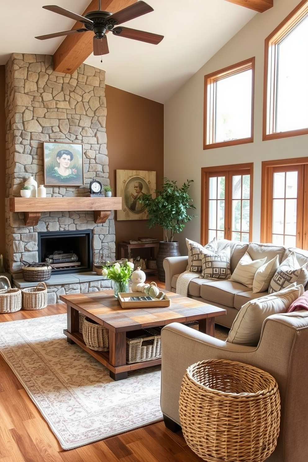 A cozy rustic living room features woven baskets used as stylish storage solutions. The room is adorned with a large, comfortable sofa, a reclaimed wood coffee table, and a stone fireplace that adds warmth to the space. Natural light floods in through large windows, highlighting the earthy tones of the decor. Accents like a patterned area rug and a mix of throw pillows enhance the inviting atmosphere.