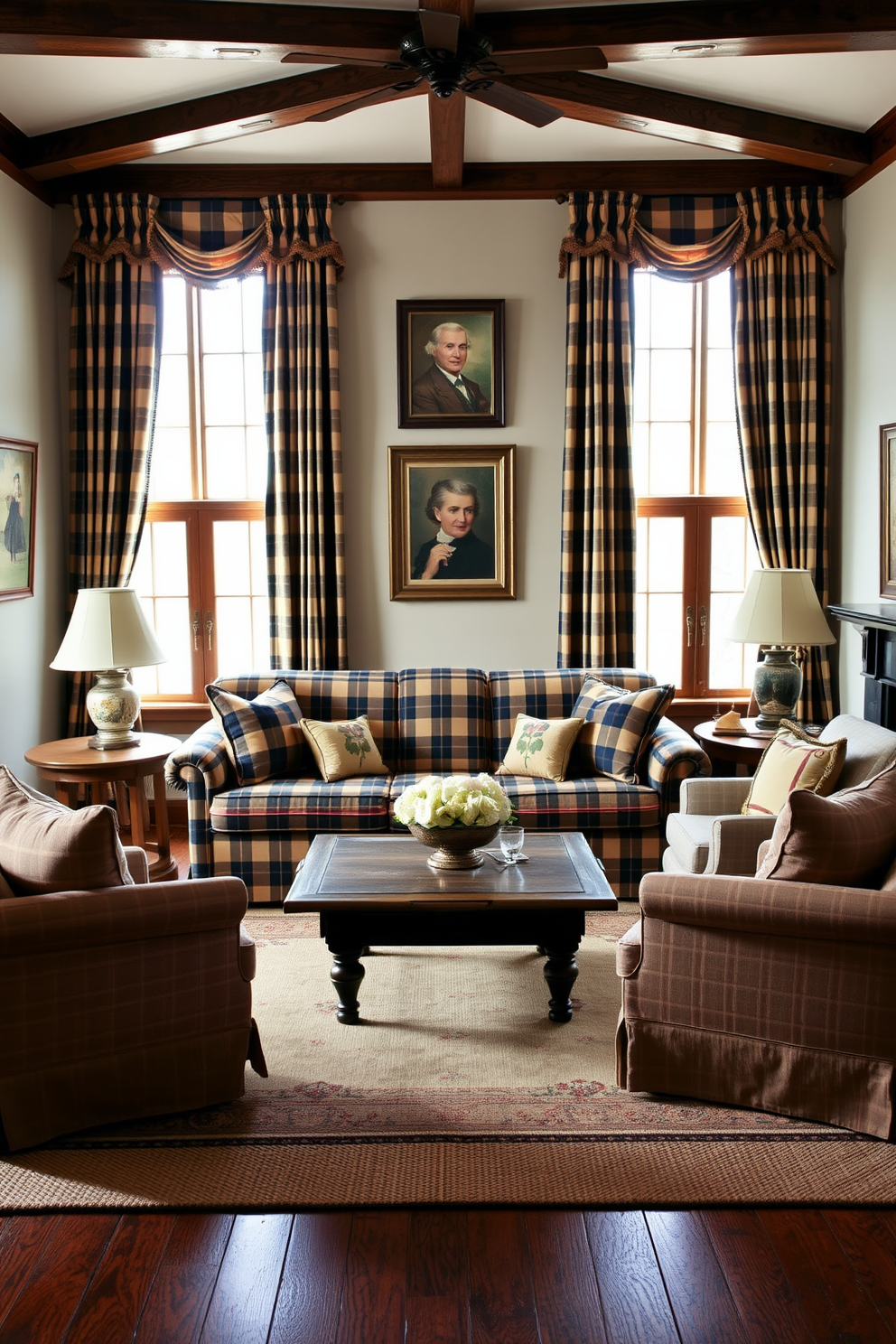 Classic plaid patterns in textiles and curtains create a warm and inviting atmosphere. The living room features a large plaid sofa adorned with coordinating throw pillows and matching curtains that frame the windows. A rustic wooden coffee table sits at the center, surrounded by comfortable armchairs upholstered in soft, neutral fabrics. The walls are adorned with vintage artwork, and a cozy area rug anchors the space, adding texture and warmth.