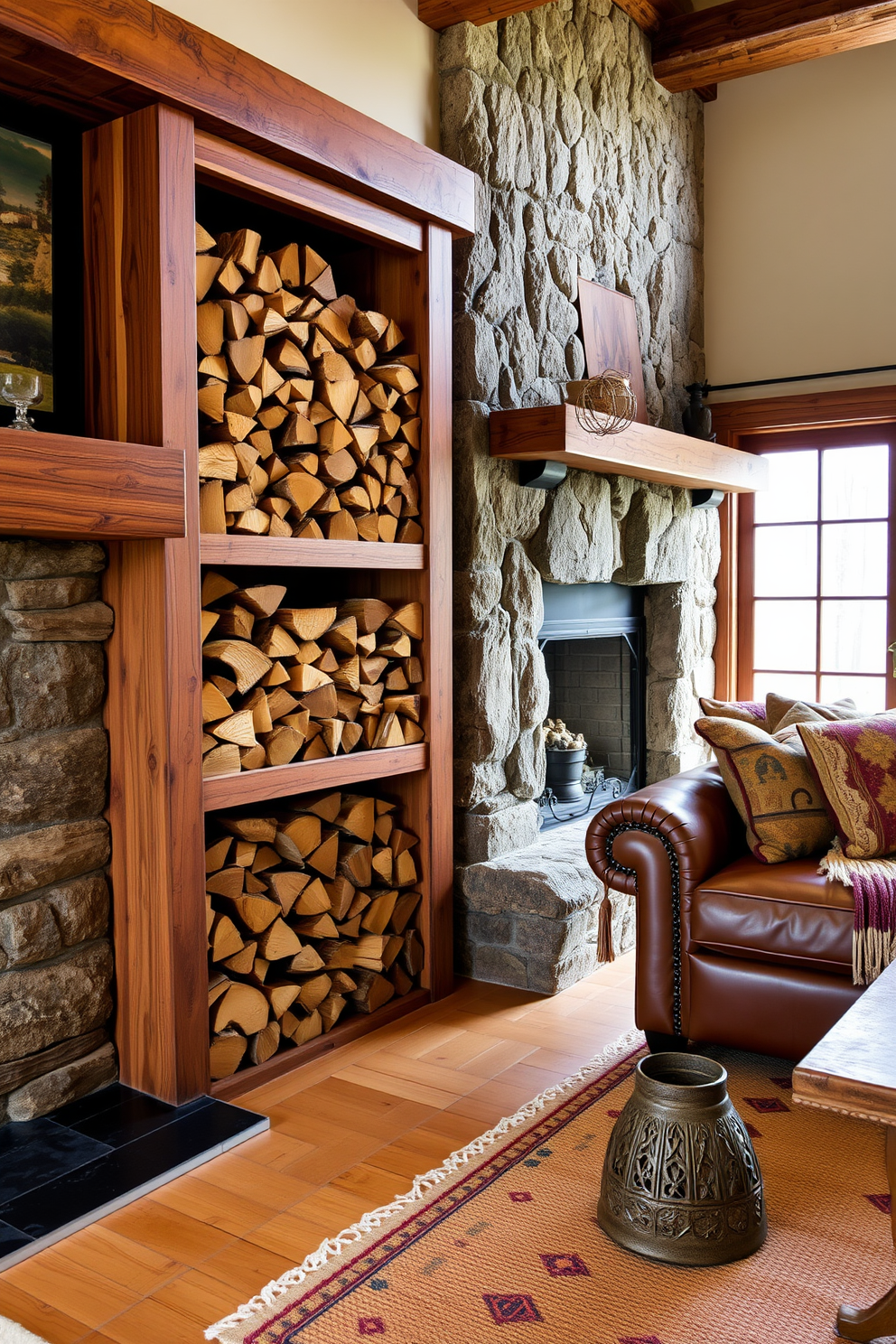 A cozy rustic living room features a stylish firewood storage area made from reclaimed wood, elegantly displayed next to a stone fireplace. The space is adorned with warm, earthy tones, complemented by a plush leather sofa and handmade woven textiles.