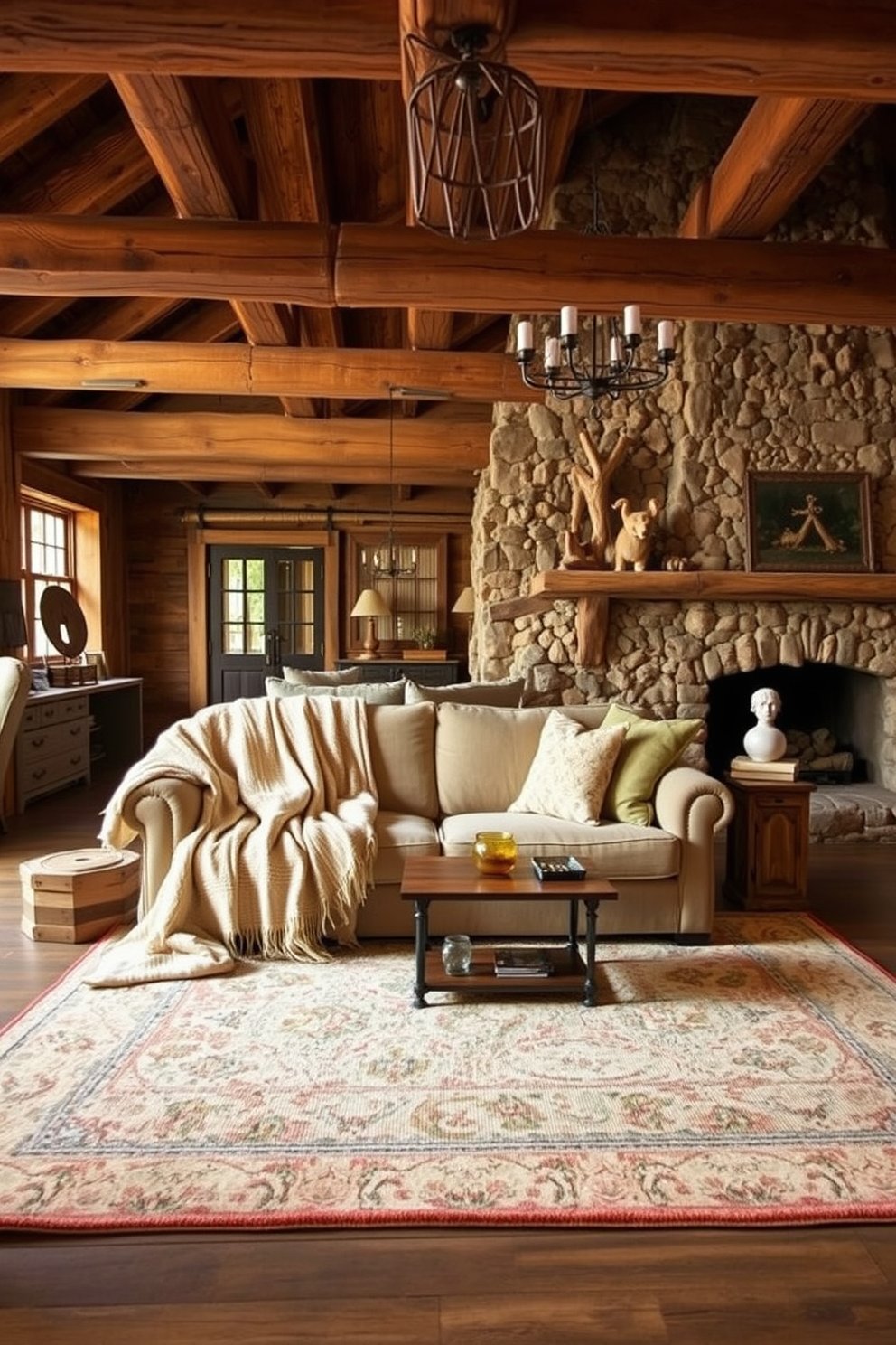 Cozy blankets draped over a plush sofa create an inviting atmosphere in a rustic living room. The space features exposed wooden beams and a stone fireplace, enhancing the warm and comfortable feel of the room. Natural materials like reclaimed wood and soft textiles are used throughout the design. A large area rug anchors the seating area, while vintage decor pieces add character and charm.