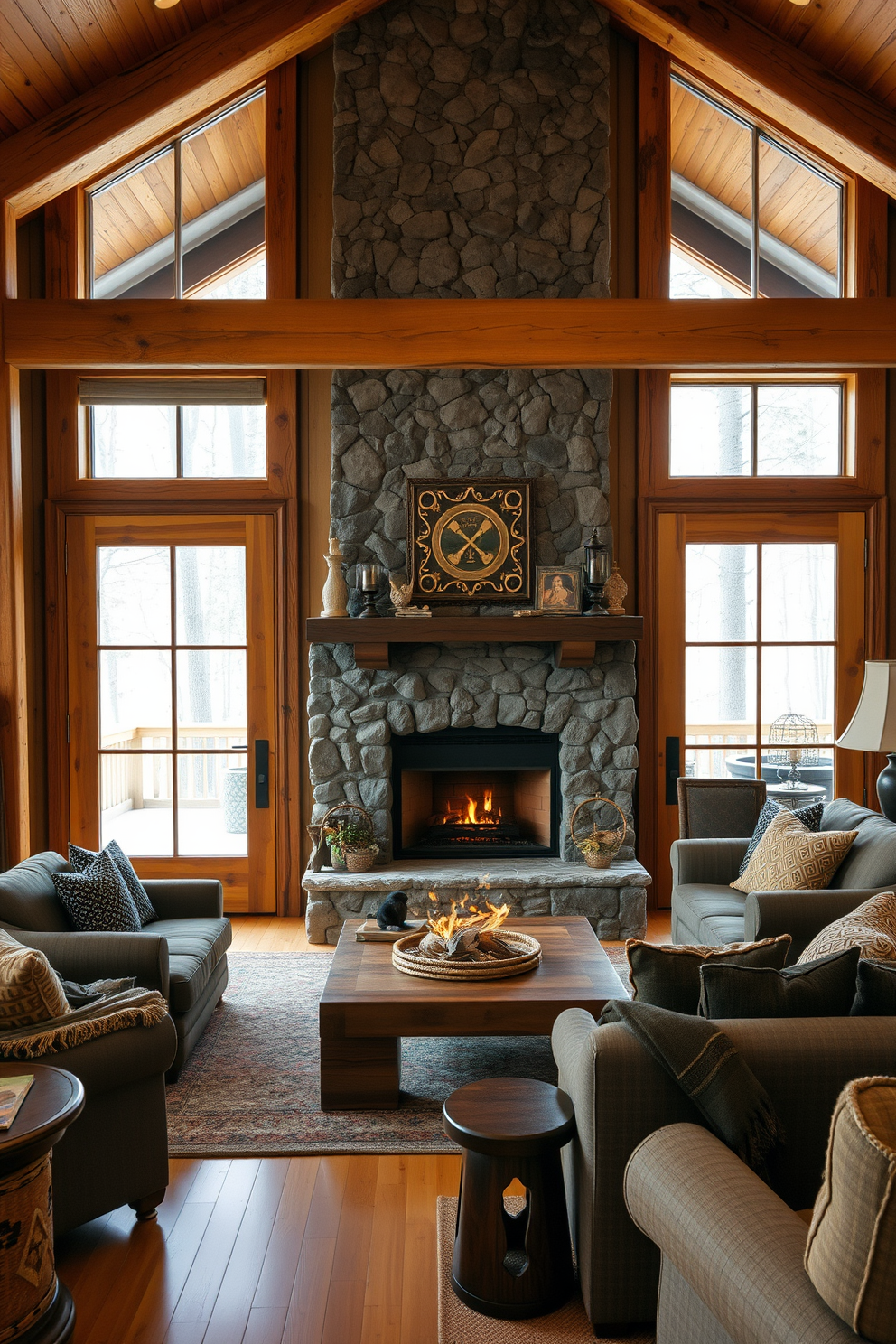 A cozy rustic living room features wooden sliding doors that seamlessly blend with the natural elements of the space. The room is adorned with a large stone fireplace, surrounded by comfortable seating and warm, earthy tones.