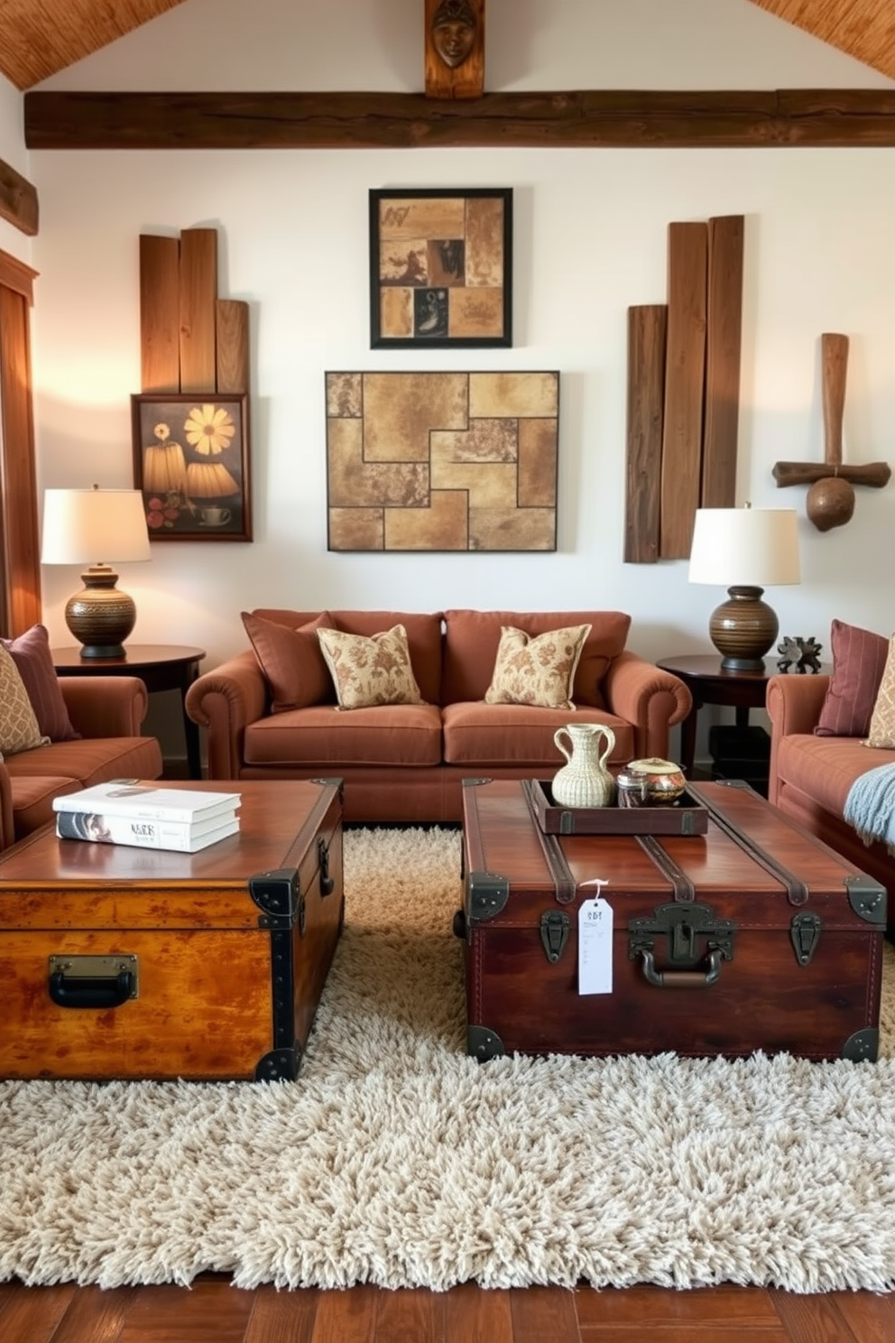 A cozy living room features vintage trunks repurposed as coffee tables, adding character and charm to the space. Surrounding the trunks are comfortable seating options with warm, earthy tones and textured fabrics that invite relaxation. The walls are adorned with rustic wooden accents and soft lighting that creates a welcoming atmosphere. A plush area rug underfoot ties the room together, enhancing the vintage aesthetic while providing comfort.