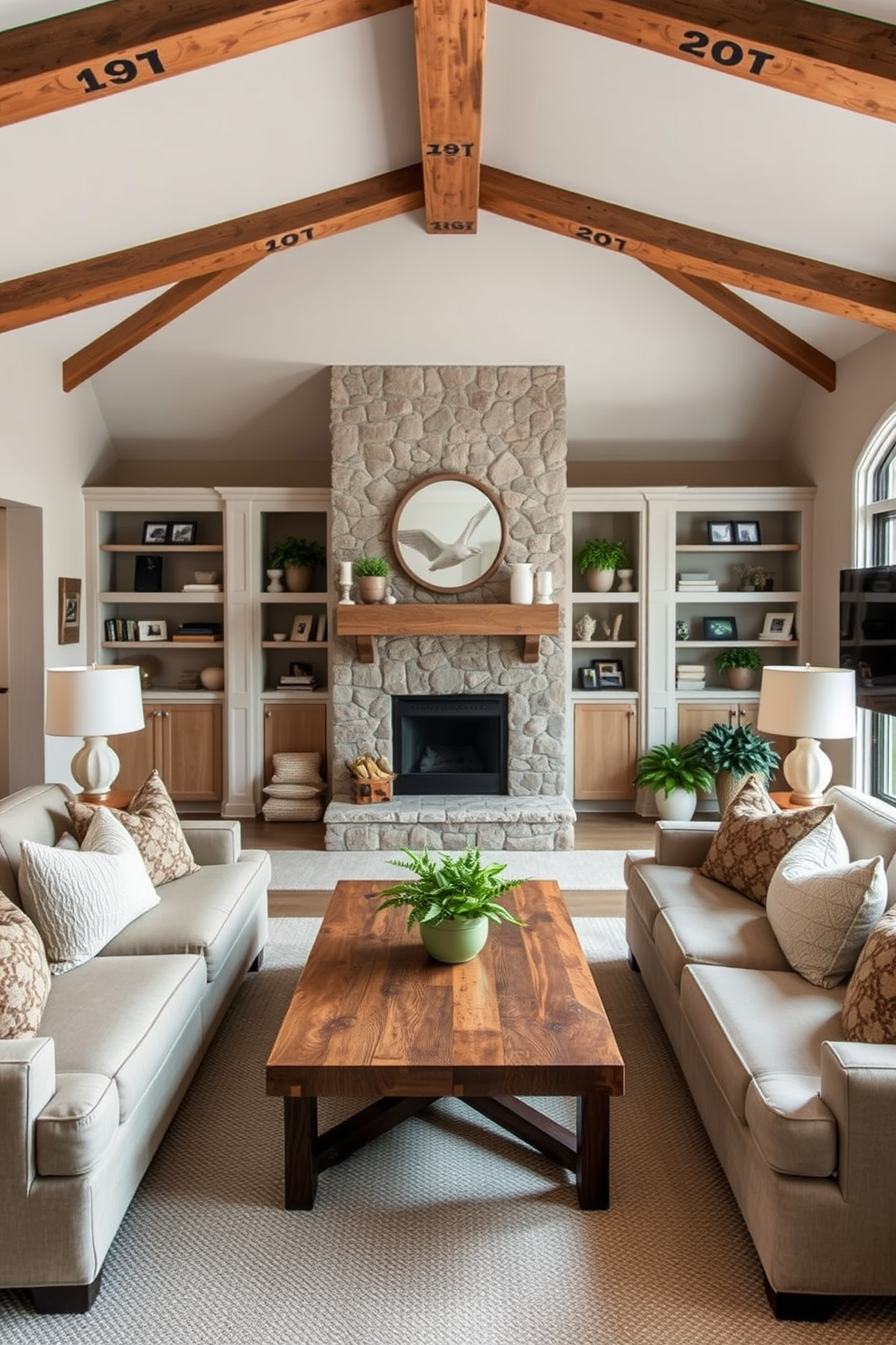 A cozy living room featuring a neutral color palette with warm beige and soft gray tones. The space includes a large comfortable sofa adorned with textured throw pillows and a reclaimed wood coffee table at the center. Exposed wooden beams frame the ceiling, adding to the rustic charm of the room. A stone fireplace serves as a focal point, surrounded by carefully arranged bookshelves filled with decorative items and plants.