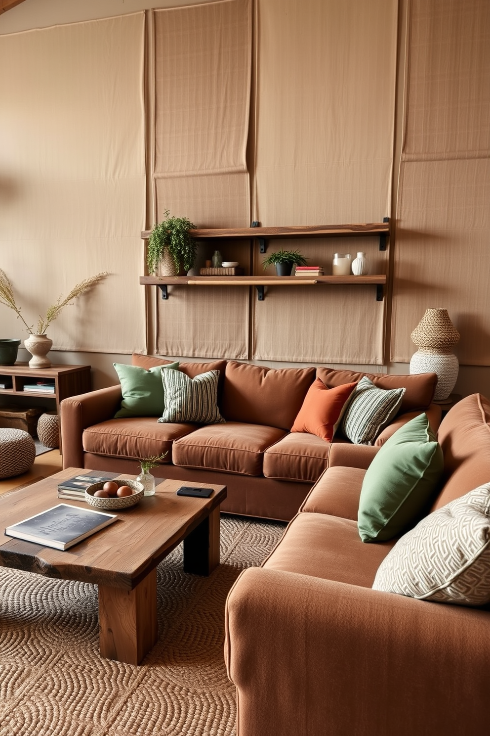 A cozy living room filled with warm earth tones. The walls are adorned with textured fabric panels, and a large, plush sofa in a rich brown hue invites relaxation. Natural wood accents are featured throughout the space, including a reclaimed wood coffee table and shelving. A woven area rug adds depth, while decorative cushions in muted greens and terracotta enhance the rustic charm.