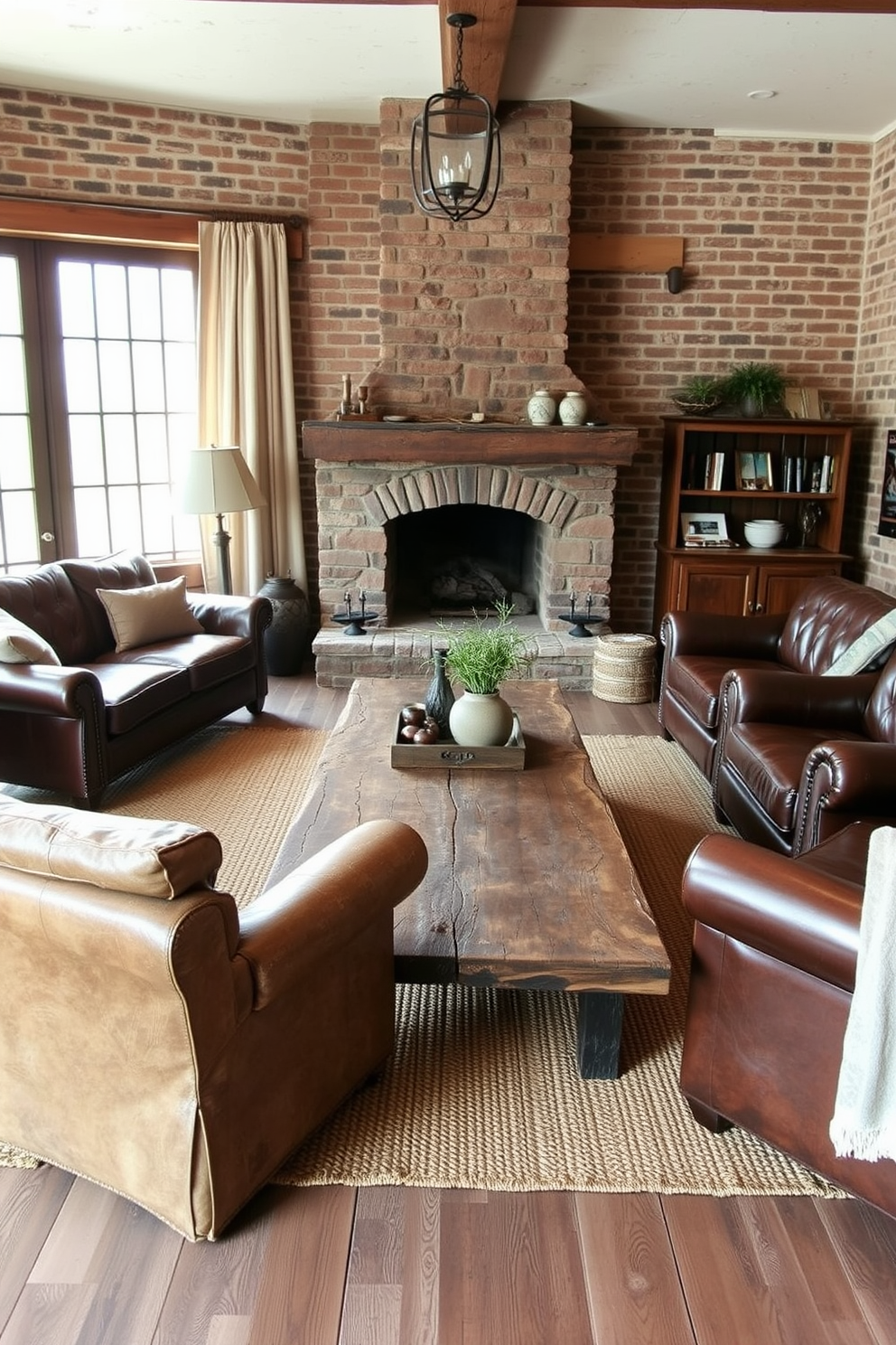 A cozy rustic living room features vintage leather sofas and armchairs arranged around a reclaimed wood coffee table. The walls are adorned with exposed brick, and a large stone fireplace serves as the focal point of the room. Natural light floods the space through large windows draped with linen curtains. Warm earth tones and layered textures create an inviting atmosphere, complemented by a woven area rug underfoot.