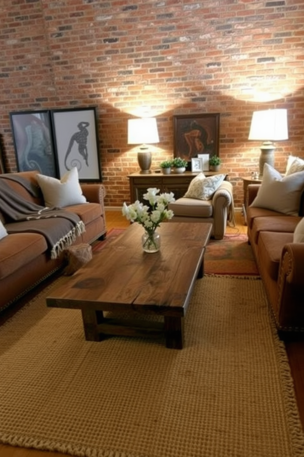 A reclaimed wood coffee table serves as the centerpiece of a rustic living room. Surrounding the table are plush, oversized sofas in earthy tones, complemented by a cozy woolen throw and decorative pillows. The walls are adorned with exposed brick, enhancing the warm, inviting atmosphere. A large, woven area rug anchors the space, while soft lighting from vintage-style lamps creates a relaxed ambiance.