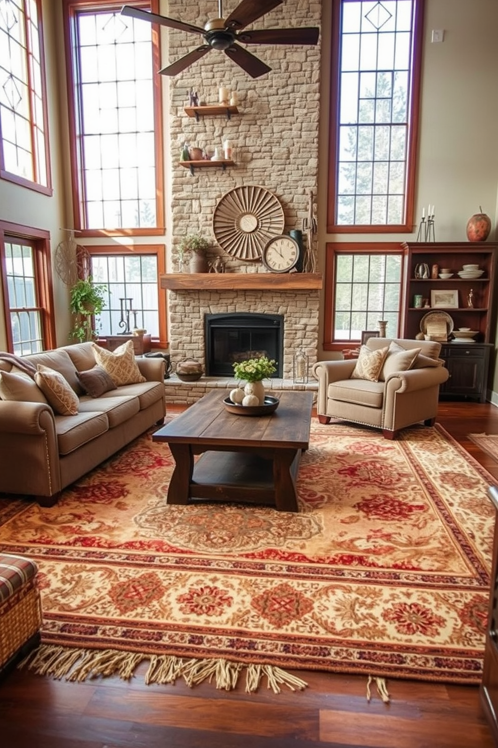 A cozy living room featuring layered area rugs that add warmth and texture. The space includes a large, comfortable sofa adorned with throw pillows and a rustic wooden coffee table at the center. Natural light pours in through large windows, highlighting the earthy tones of the decor. A stone fireplace serves as a focal point, surrounded by reclaimed wood accents and vintage decor pieces.