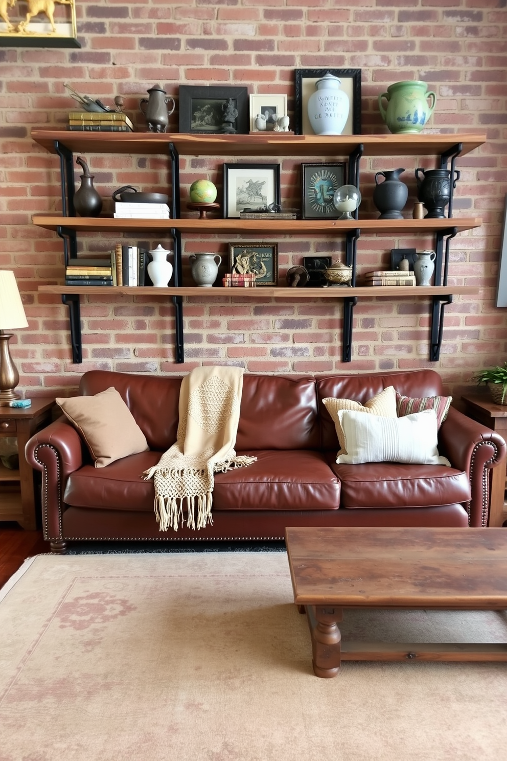 Rustic shelving made from reclaimed wood, adorned with a variety of antique decor pieces such as vintage books, ceramic vases, and a small globe. The shelves are mounted on a brick wall, creating a warm and inviting atmosphere in the living room. Cozy seating options include a distressed leather sofa paired with a handwoven throw blanket and a collection of textured pillows. A large area rug with earthy tones anchors the space, complemented by a wooden coffee table featuring a distressed finish.