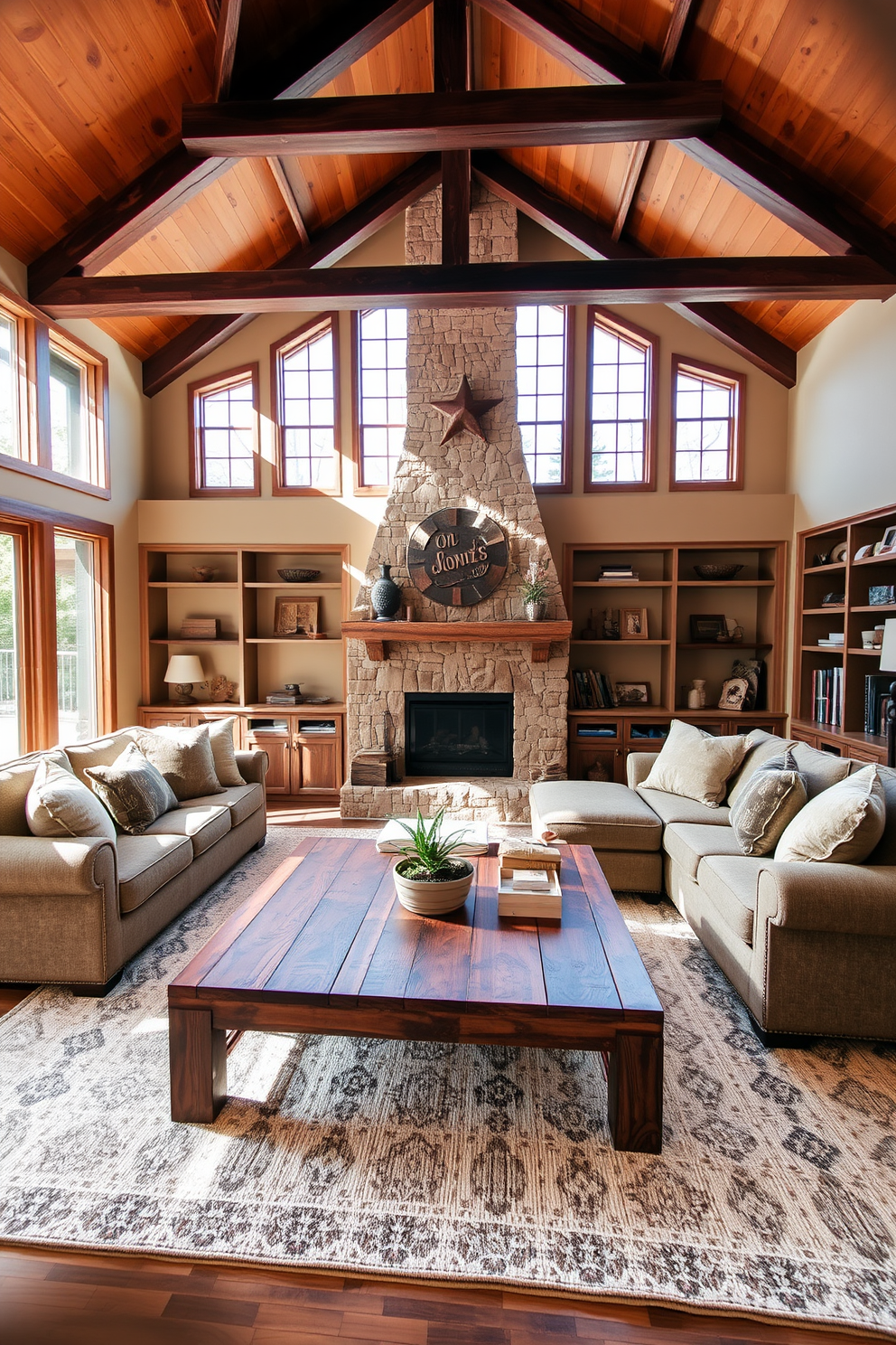 A cozy living room filled with natural light streaming through large windows. The space features a reclaimed wood coffee table surrounded by a plush sectional sofa adorned with earthy-toned throw pillows. A stone fireplace serves as the focal point, flanked by built-in bookshelves filled with rustic decor. The walls are painted in warm beige, and the floor is covered with a soft area rug that complements the wooden beams overhead.