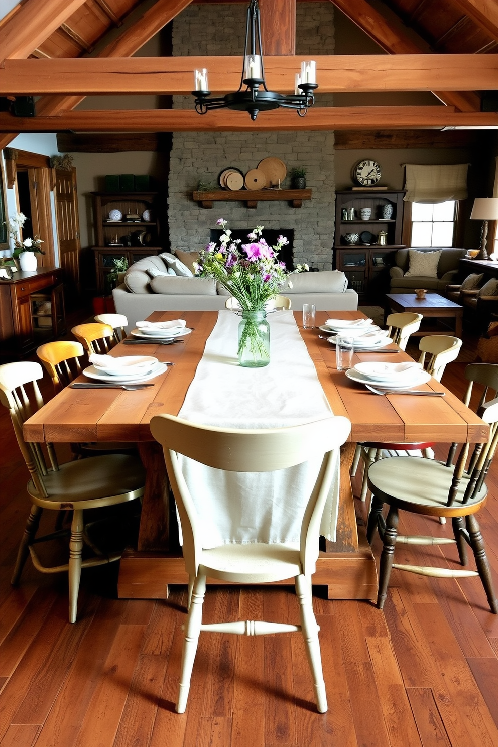 A charming farmhouse dining table setup features a large reclaimed wood table surrounded by mismatched vintage chairs. The table is adorned with a simple linen tablecloth, a centerpiece of wildflowers in a mason jar, and rustic dinnerware. For rustic living room design ideas, imagine a cozy space with exposed wooden beams and a stone fireplace. The room is filled with a plush, oversized sectional sofa, a reclaimed wood coffee table, and warm, earthy tones throughout the decor.