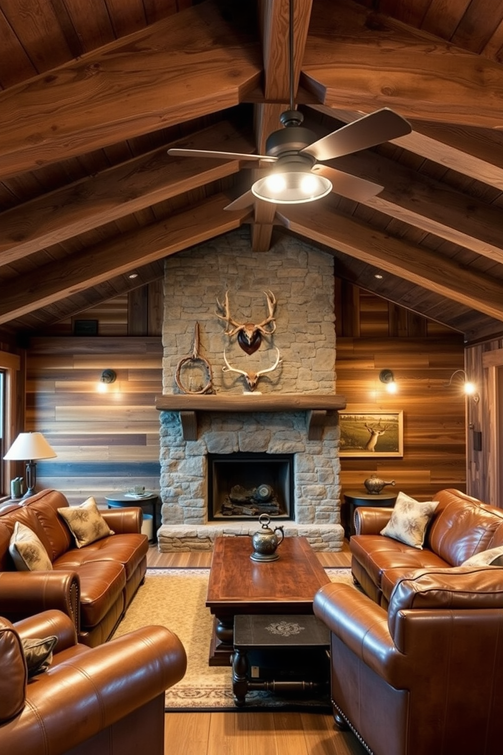 A rustic man cave featuring exposed wooden beams on the ceiling creates a cozy and inviting atmosphere. The walls are adorned with reclaimed wood paneling, and a large stone fireplace serves as the focal point of the room. Comfortable leather sofas are arranged around a vintage coffee table, providing ample seating for relaxation and entertainment. Soft, warm lighting from industrial-style fixtures enhances the rustic charm, while a collection of mounted antlers adds character to the space.