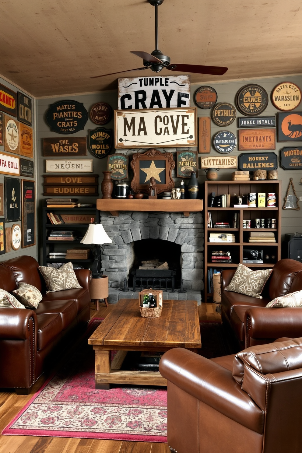 A rustic man cave featuring vintage signs that evoke nostalgia. The walls are adorned with a collection of weathered wooden signs and metal plaques, creating a warm and inviting atmosphere. Comfortable leather seating in deep browns is arranged around a reclaimed wood coffee table. A stone fireplace serves as the focal point, surrounded by shelves filled with memorabilia and vintage decor.