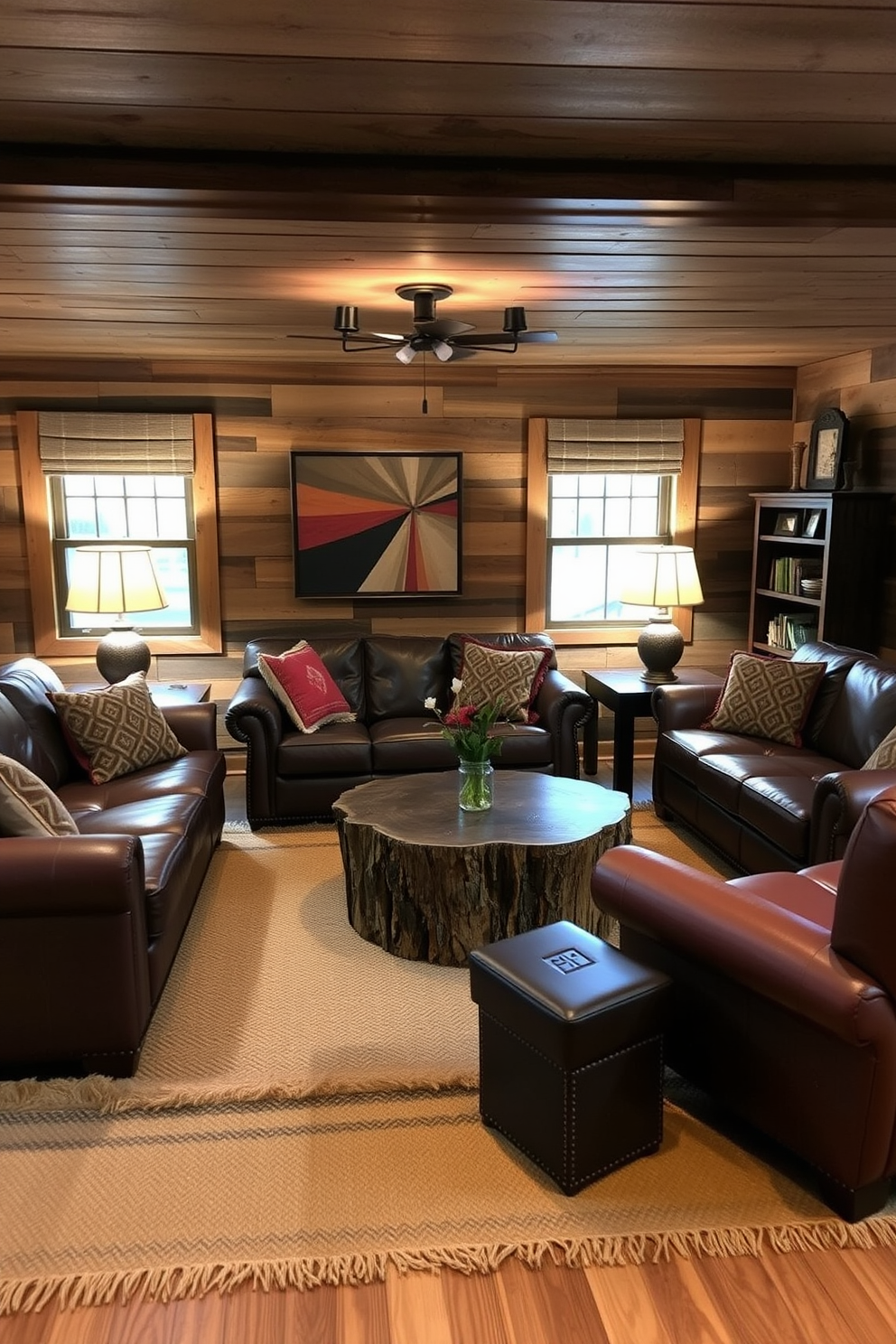 A cozy man cave featuring natural fiber rugs that add warmth and texture to the space. The walls are adorned with reclaimed wood paneling, and comfortable leather seating invites relaxation. A rustic coffee table made from a tree stump sits at the center, surrounded by plush seating. Ambient lighting from vintage-style lamps creates a welcoming atmosphere for gatherings.