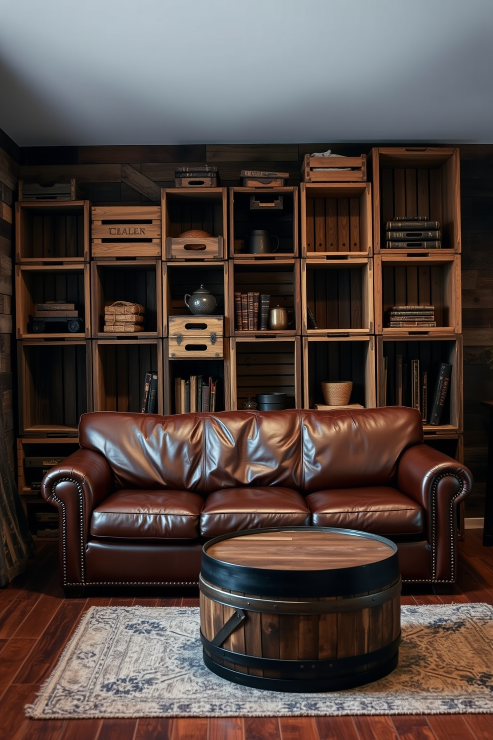 A cozy man cave featuring wooden crates as storage solutions. The crates are stacked creatively against the wall, providing both functionality and rustic charm. The walls are adorned with reclaimed wood panels, enhancing the rustic aesthetic. A comfortable leather sofa is positioned in front of a vintage coffee table made from an old barrel.