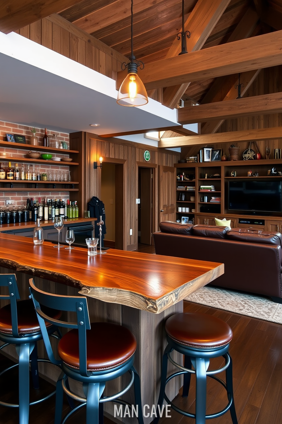 A rustic bar setting features a reclaimed wood countertop with a live edge, complemented by high metal stools with leather seats. The bar is adorned with vintage glassware and rustic lighting fixtures, while exposed brick walls add character to the space. In a cozy man cave design, a large leather sectional sofa invites relaxation, surrounded by wooden beams and warm lighting. A mounted flat-screen TV and a custom-built bookshelf filled with memorabilia create an inviting atmosphere for entertainment.