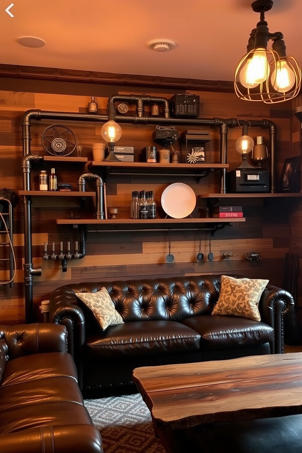 A rugged man cave featuring industrial pipes repurposed as shelving units. The walls are adorned with reclaimed wood and vintage metal accents, creating a warm yet industrial atmosphere. A cozy seating area includes a leather sofa and a reclaimed wood coffee table. Ambient lighting from Edison bulbs adds a touch of style while enhancing the inviting vibe of the space.