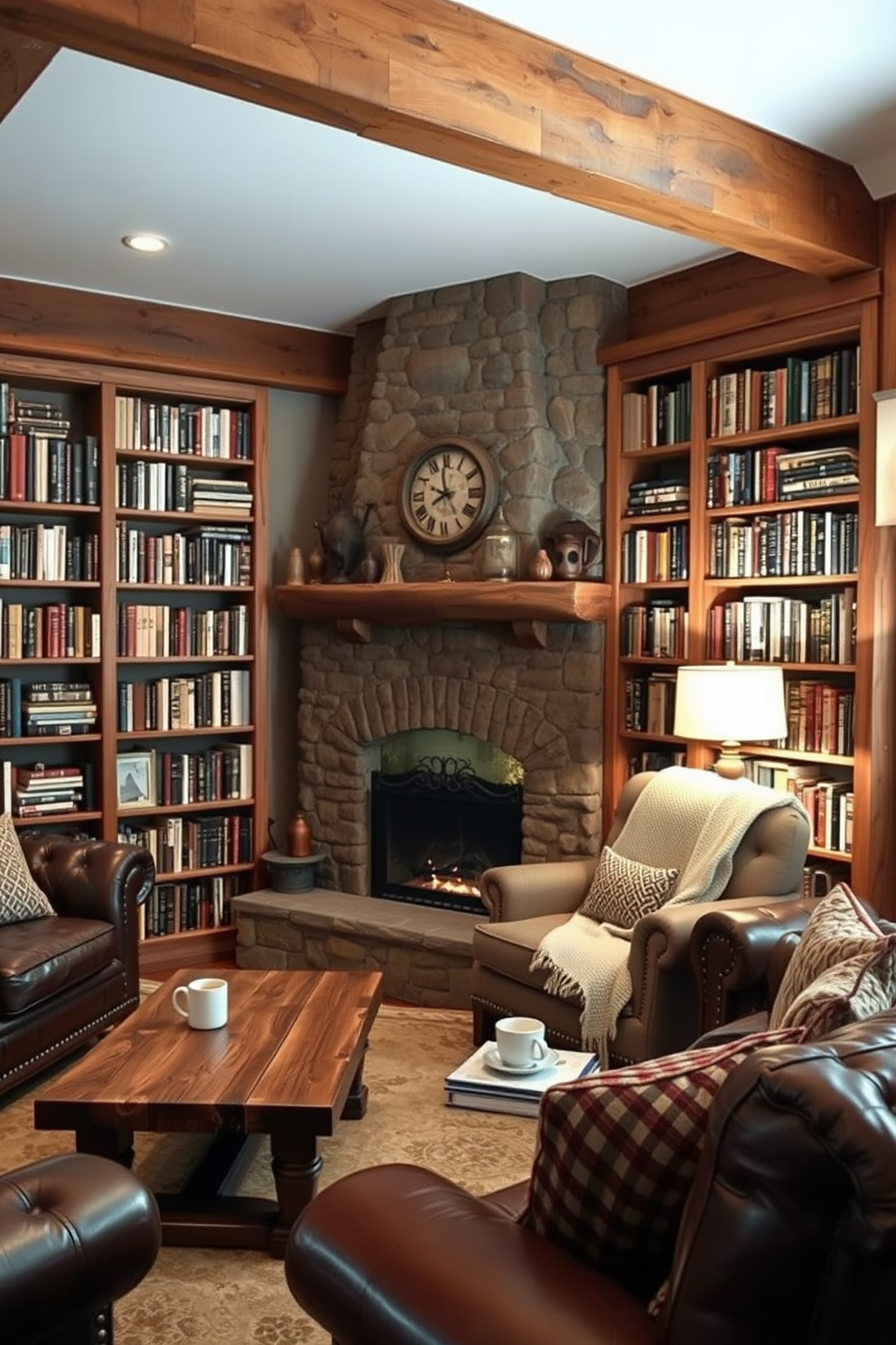 Cozy reading nook with armchair. A plush armchair is positioned in the corner, surrounded by tall bookshelves filled with an array of books. Soft lighting from a nearby floor lamp creates a warm ambiance, while a small side table holds a steaming cup of tea. A woven throw blanket drapes over the armchair, inviting relaxation and comfort. Rustic Man Cave Design Ideas. The space features exposed wooden beams and a stone fireplace as the focal point, creating a rugged yet inviting atmosphere. Leather sofas and a reclaimed wood coffee table provide ample seating, while vintage decor items enhance the rustic charm.