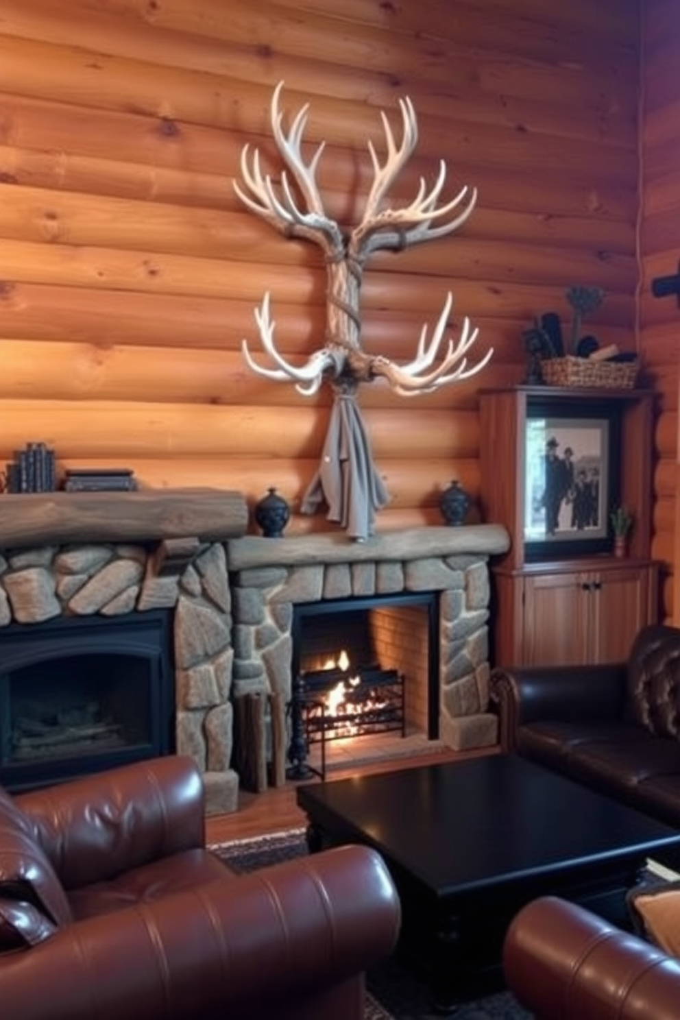 A wall-mounted antler coat rack serves as a unique focal point in a rustic man cave. The warm wooden walls are complemented by leather furniture and a cozy fireplace, creating an inviting atmosphere for relaxation and entertainment.