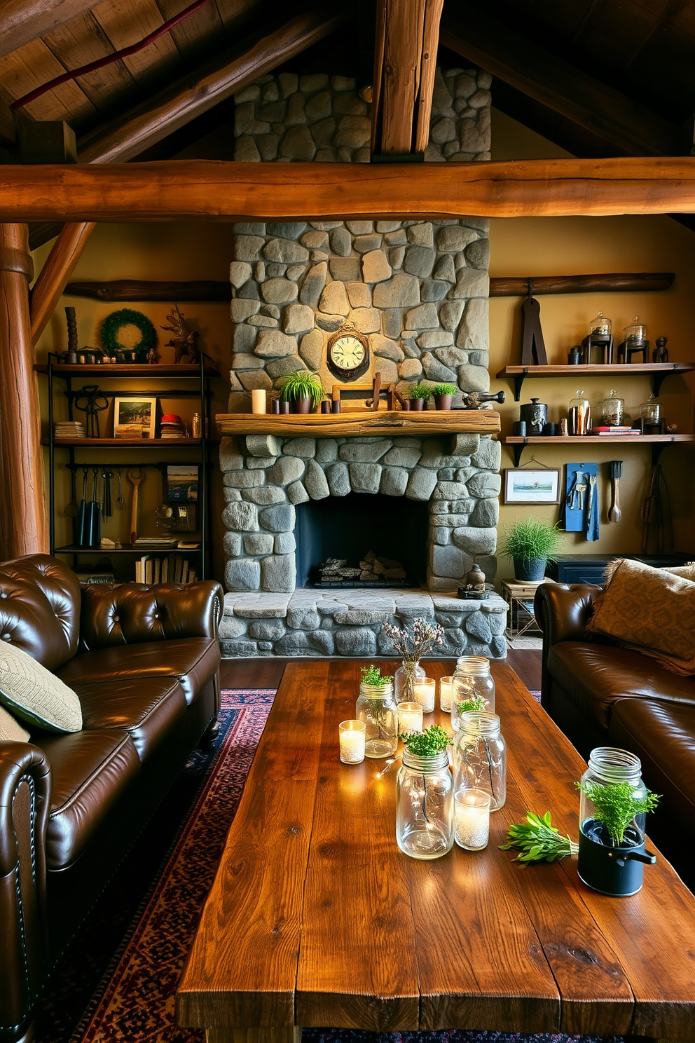 A rustic man cave featuring exposed wooden beams and a stone fireplace as the focal point. Vintage leather furniture is arranged around a reclaimed wood coffee table adorned with mason jar accents filled with fairy lights and small plants. Warm earth tones dominate the color palette, with deep greens and browns creating a cozy atmosphere. Wall-mounted shelves display an assortment of rustic decor, including mason jars used as candle holders and storage for tools and memorabilia.