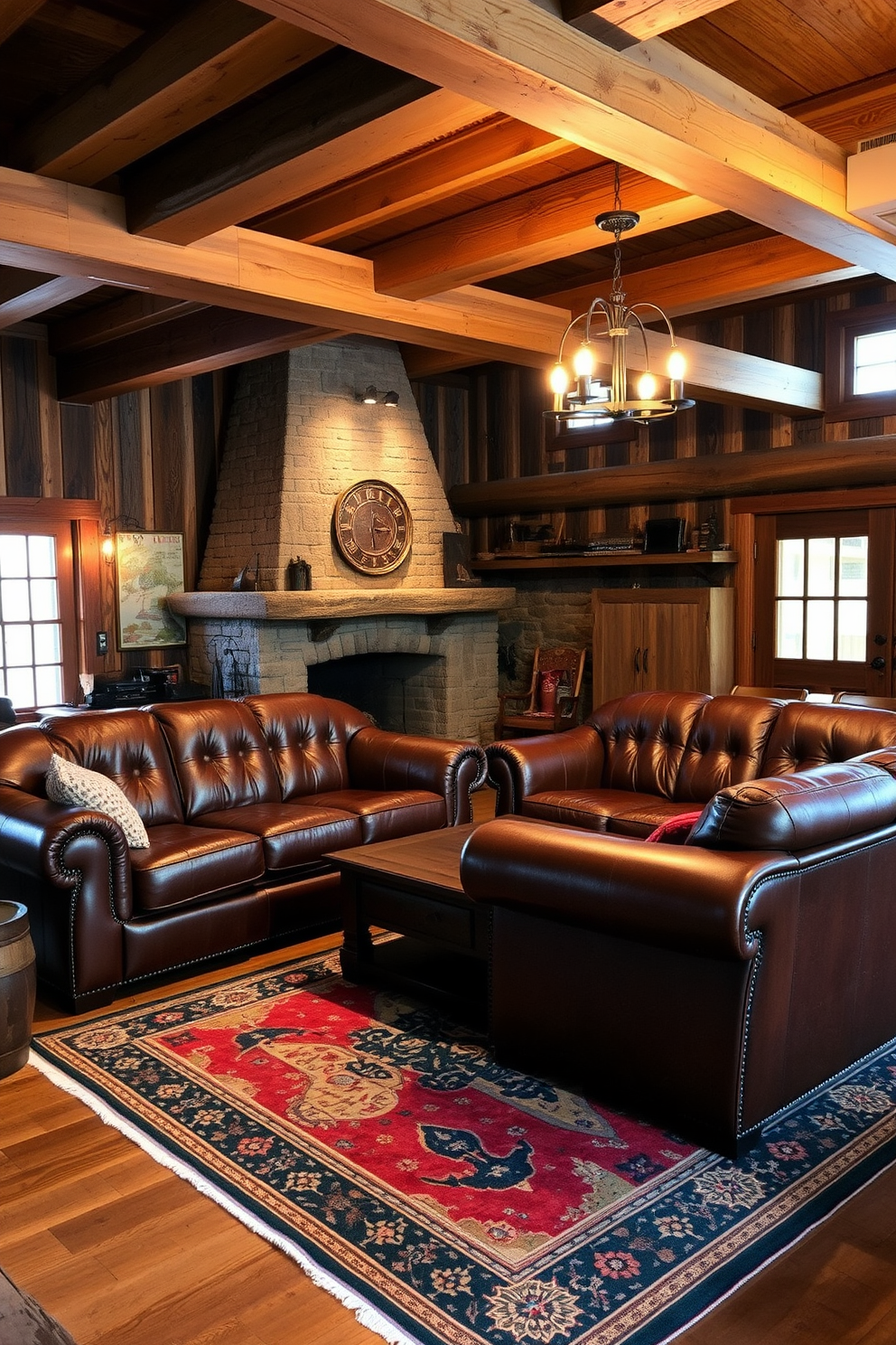 A cozy man cave featuring vintage leather furniture that exudes warmth and comfort. The space is adorned with rustic wooden beams and a stone fireplace, creating an inviting atmosphere for relaxation and entertainment. Rich brown leather sofas are arranged around a reclaimed wood coffee table, complemented by a vintage rug that adds texture. Warm lighting from industrial-style fixtures casts a soft glow, enhancing the rustic charm of the room.