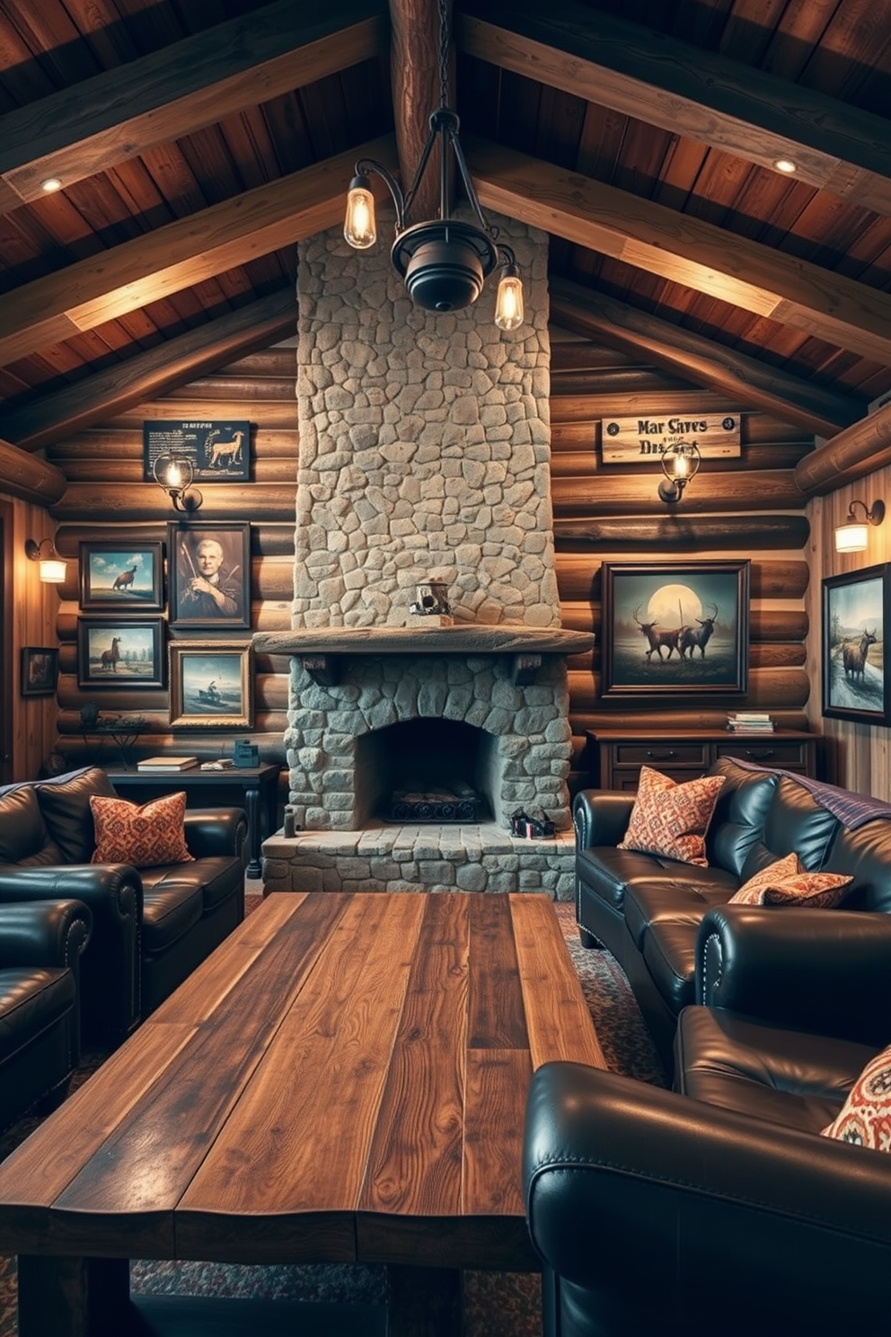 A cozy rustic man cave featuring exposed wooden beams and a stone fireplace as the focal point. The walls are adorned with vintage artwork and prints that reflect outdoor themes, creating a warm and inviting atmosphere. A large leather sectional sofa is positioned around a reclaimed wood coffee table, perfect for relaxation and entertainment. Ambient lighting from wrought iron fixtures casts a soft glow, enhancing the rustic charm of the space.