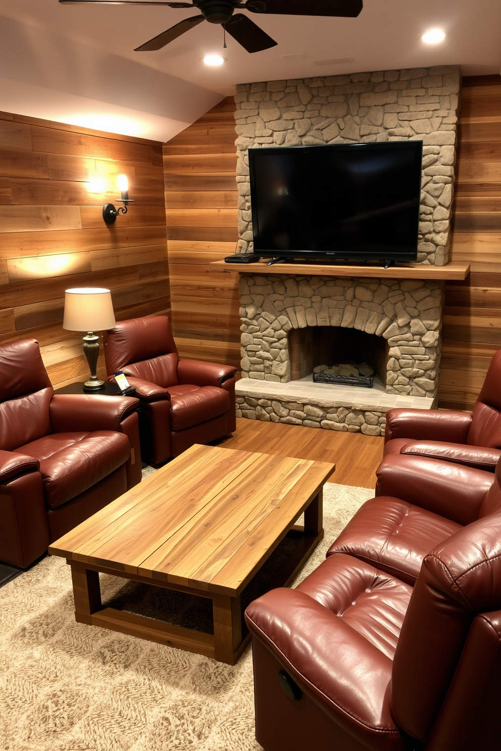 A cozy man cave featuring leather recliners positioned for ultimate relaxation. The walls are adorned with reclaimed wood panels, and a large flat-screen TV is mounted above a stone fireplace. Soft lighting emanates from vintage-style lamps, creating a warm and inviting atmosphere. A rustic coffee table made from an old barn door sits in front of the recliners, complemented by a plush area rug.