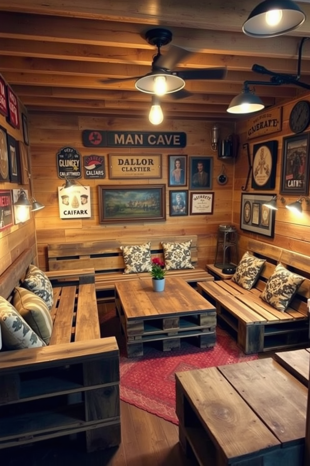 A cozy man cave featuring unique furniture made from wooden pallets. The space includes a comfortable seating area with pallet sofas adorned with soft cushions and a reclaimed wood coffee table at the center. The walls are lined with rustic decor, including vintage signs and framed artwork. Ambient lighting from industrial-style fixtures creates a warm and inviting atmosphere perfect for relaxation and entertainment.