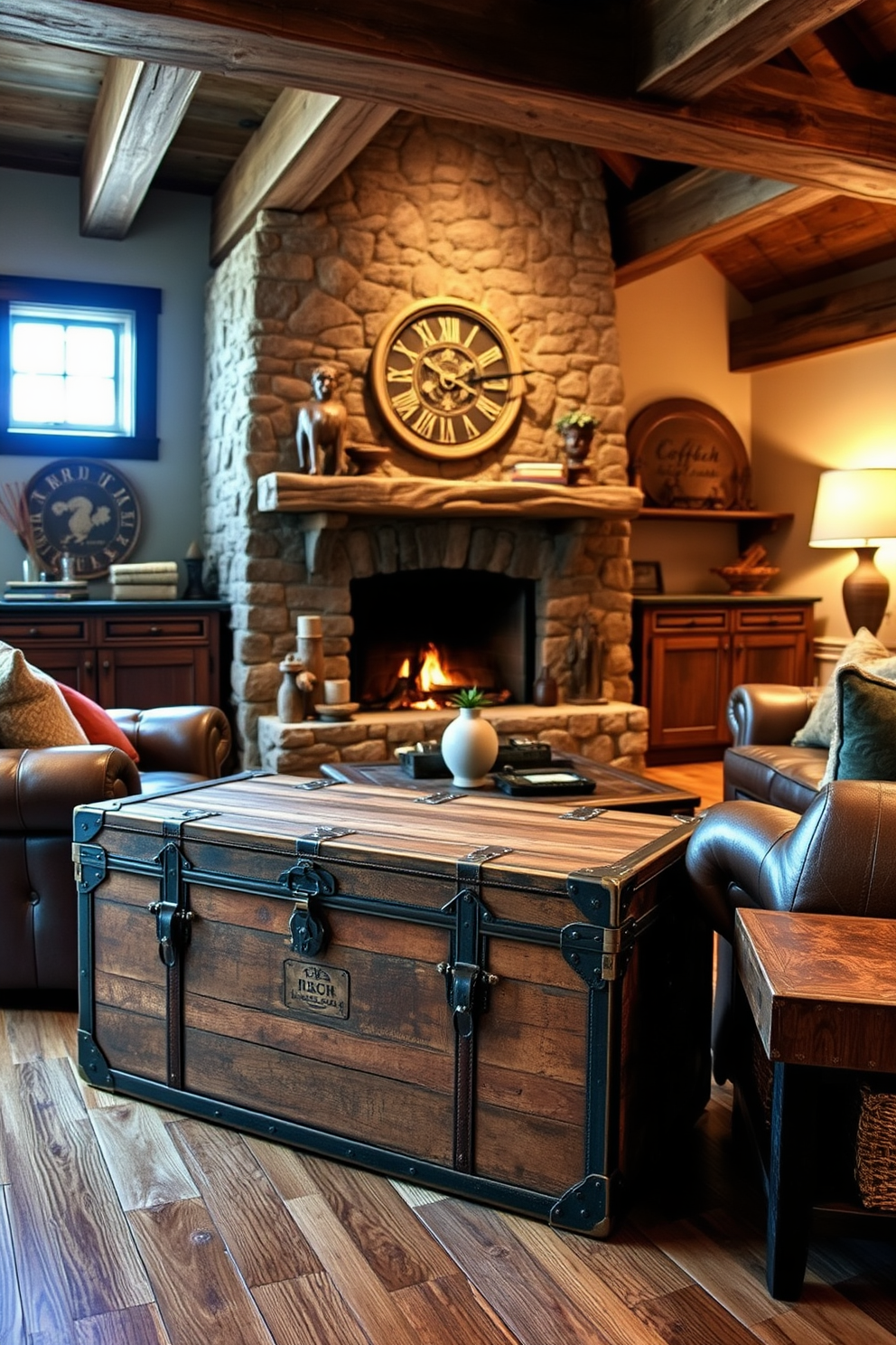 A vintage antique trunk serves as both a stylish storage solution and a focal point in the room. The trunk is made of weathered wood with intricate metal detailing, placed at the foot of a plush leather sofa. The rustic man cave features exposed wooden beams and a stone fireplace that creates a warm and inviting atmosphere. Comfortable seating is arranged around a reclaimed wood coffee table, complemented by vintage decor and dim lighting for a cozy ambiance.