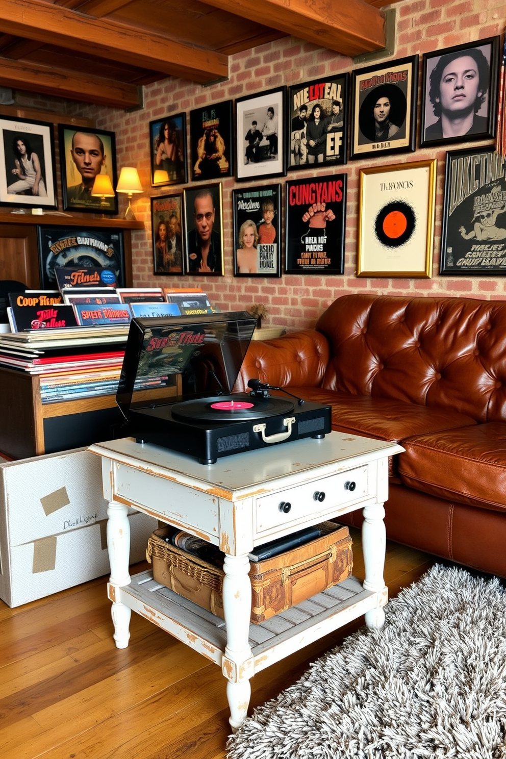 A vintage record player sits prominently on a distressed wooden side table, surrounded by an eclectic collection of vinyl records. The walls are adorned with framed album covers, and warm lighting creates a cozy atmosphere for music appreciation. The room features a comfortable leather sofa with a weathered finish, complemented by a plush area rug that adds warmth. Exposed brick walls and wooden beams enhance the rustic charm, while vintage decor pieces complete the man cave aesthetic.