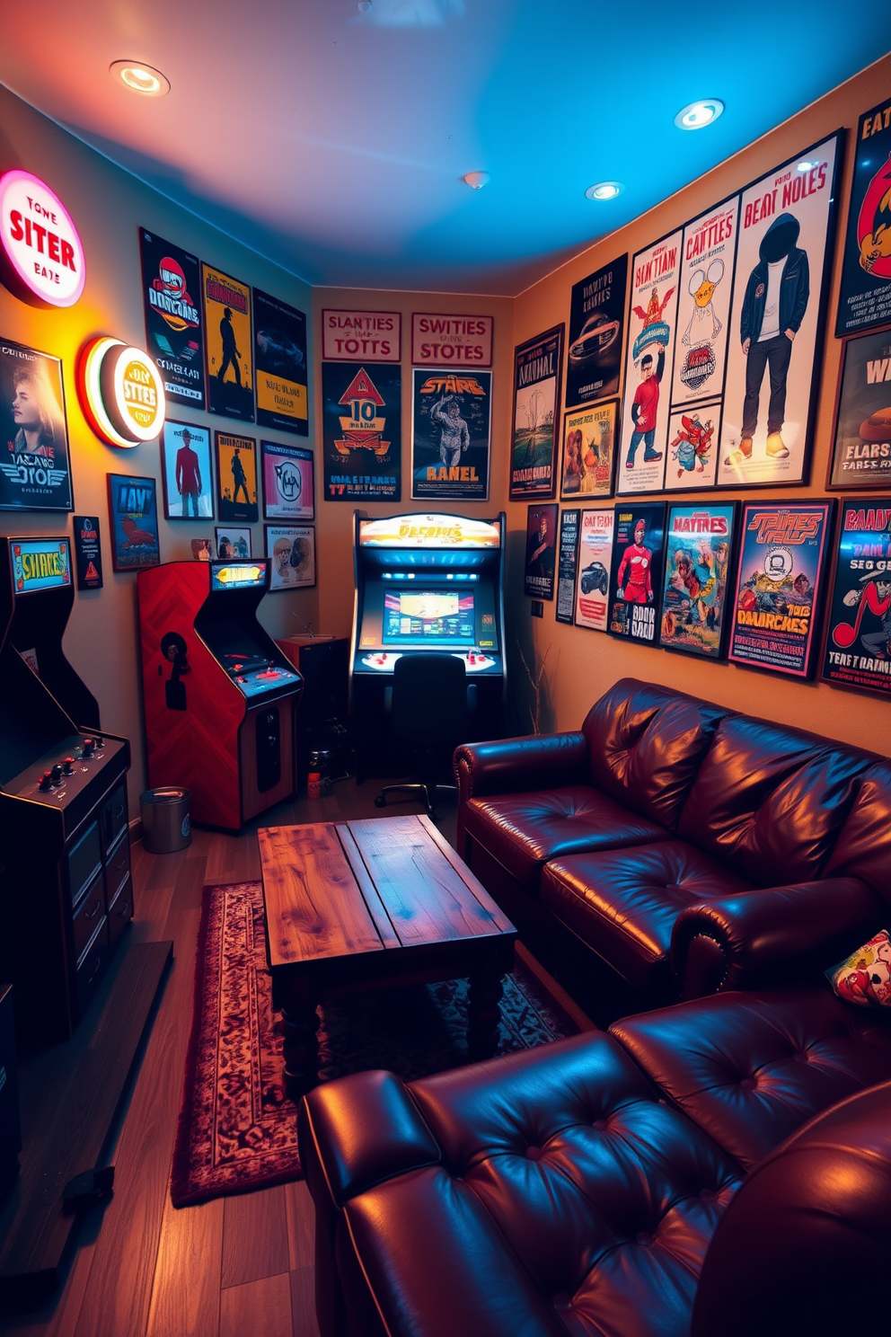 A vibrant man cave featuring old-school arcade games. The walls are adorned with vintage posters, and a retro gaming console sits in the corner. A cozy seating area includes a large leather sofa and a reclaimed wood coffee table. Ambient lighting creates a warm atmosphere, enhancing the nostalgic gaming experience.