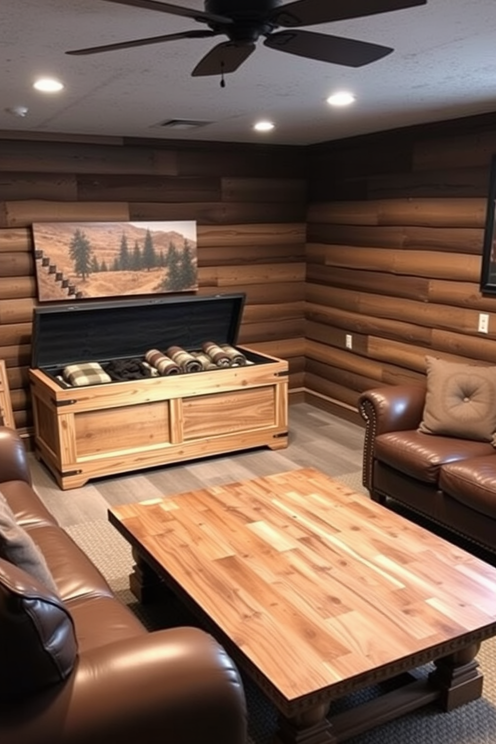 A rustic man cave featuring a cedar chest for blanket storage sits prominently against a wooden wall. The space is filled with comfortable leather seating, a large reclaimed wood coffee table, and ambient lighting that creates a warm and inviting atmosphere.