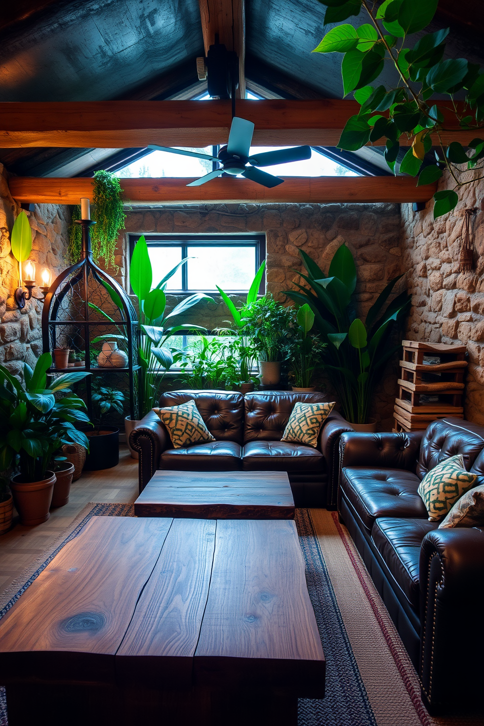 A cozy man cave infused with nature-inspired decor. Lush green plants are strategically placed around the room, complementing the rustic wooden beams and stone walls. The seating area features a large leather sofa paired with reclaimed wood coffee tables. Ambient lighting creates a warm atmosphere, highlighting the earthy tones and textures throughout the space.