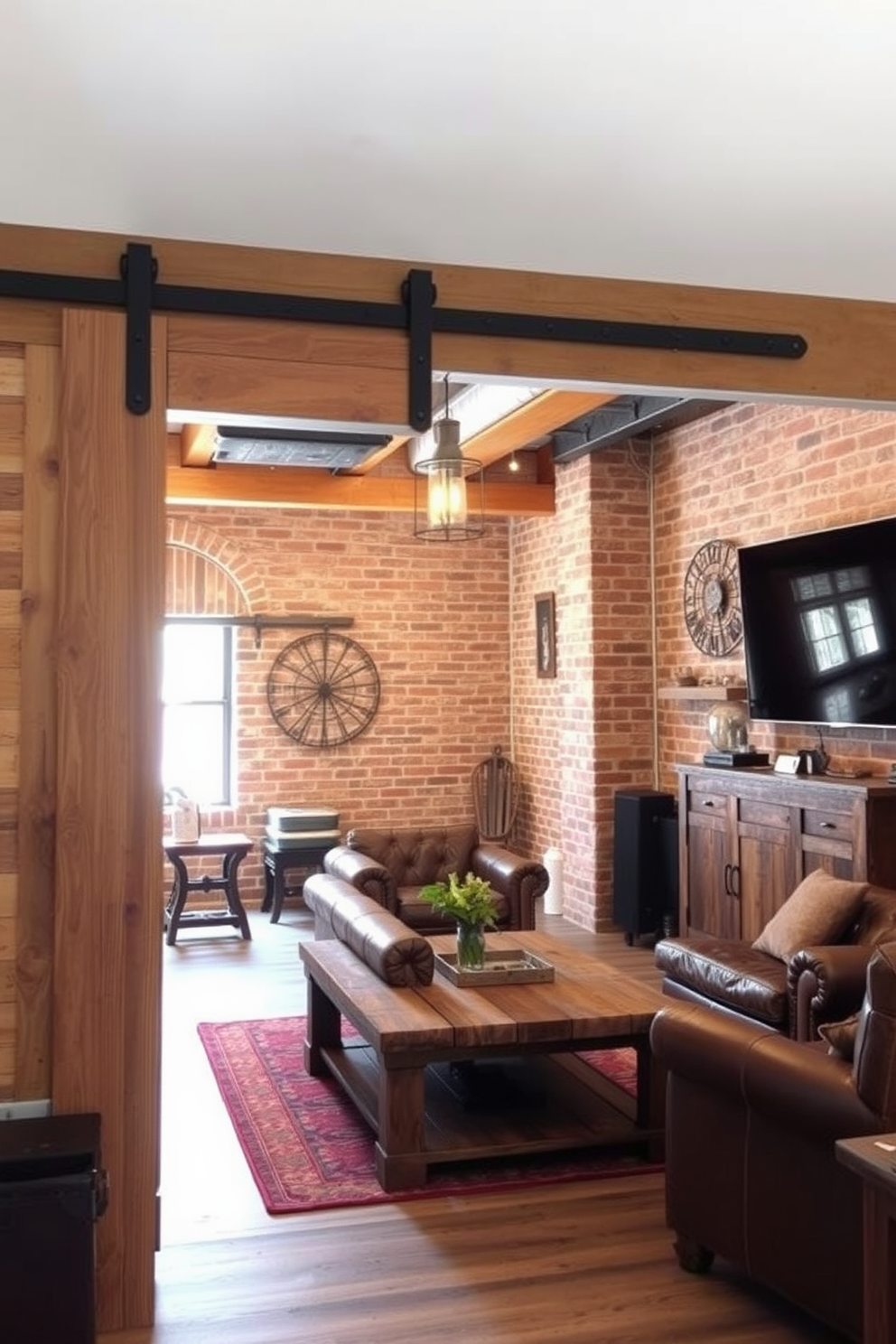 A rustic sliding barn door entrance welcomes you into a cozy space filled with warm wood tones and vintage decor. The door is crafted from reclaimed wood, featuring a weathered finish and sturdy metal hardware that complements the overall rustic aesthetic. The man cave is designed with plush leather seating arranged around a reclaimed wood coffee table. Exposed brick walls and industrial lighting create a relaxed atmosphere, while a large flat-screen TV is mounted above a rustic console for entertainment.