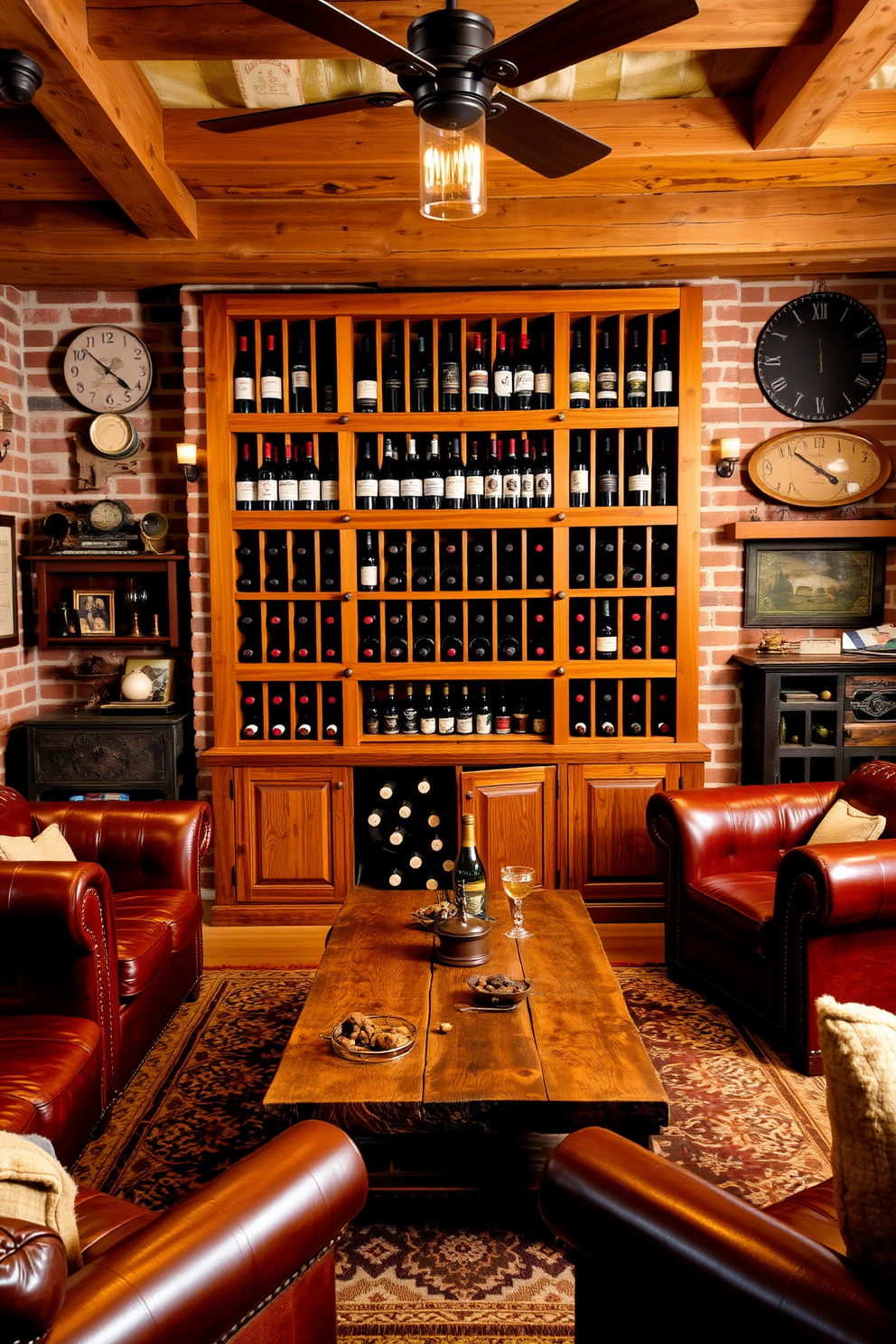 A wooden wine rack is the centerpiece of the rustic man cave, showcasing a collection of fine wines. The warm tones of the wood complement the exposed brick walls and leather furniture, creating a cozy atmosphere. Comfortable seating is arranged around a reclaimed wood coffee table, inviting friends to gather and enjoy. Vintage decor, such as old sports memorabilia and rustic lighting fixtures, adds character to the space.