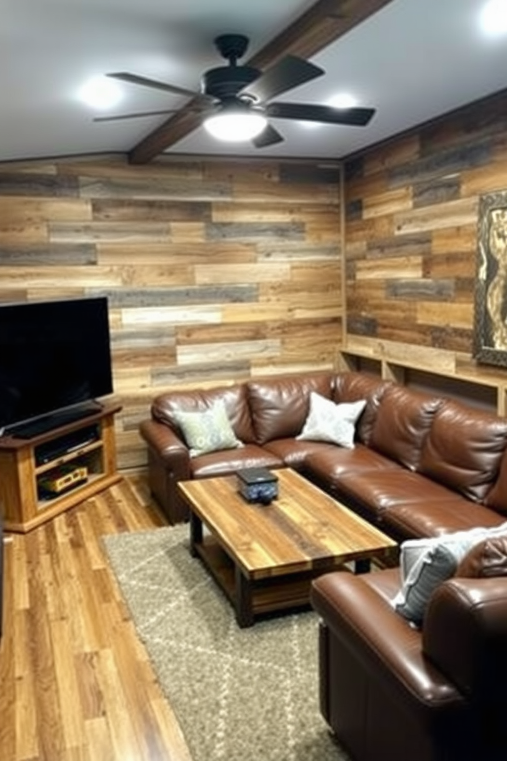 A cozy man cave featuring reclaimed barn wood accent walls that add warmth and character to the space. The room is furnished with a large leather sectional sofa and a reclaimed wood coffee table, creating an inviting atmosphere for relaxation and entertainment.