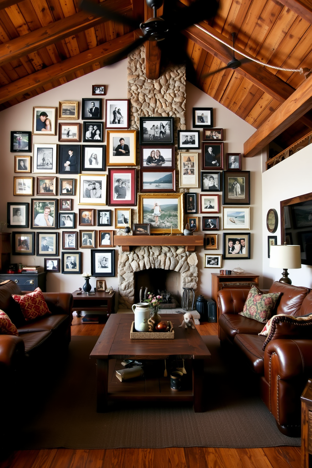 A personalized photo gallery wall featuring an eclectic mix of framed family photos and art pieces. The arrangement is asymmetrical, with varying frame sizes and colors that create a warm and inviting atmosphere. A rustic man cave design with exposed wooden beams and a stone fireplace as the focal point. Comfortable leather furniture is arranged around a reclaimed wood coffee table, complemented by vintage decor and soft, ambient lighting.