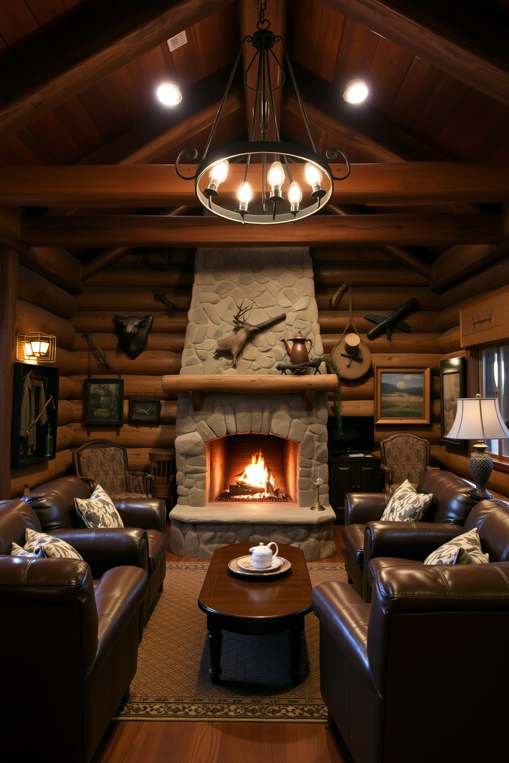 A cozy fireplace with a stone surround creates a warm focal point in this rustic man cave. The space features rich wooden beams overhead and comfortable leather seating arranged for intimate gatherings. The walls are adorned with vintage hunting memorabilia and rustic artwork, enhancing the cabin-like atmosphere. Soft, ambient lighting from wrought iron fixtures adds to the inviting charm of the room.