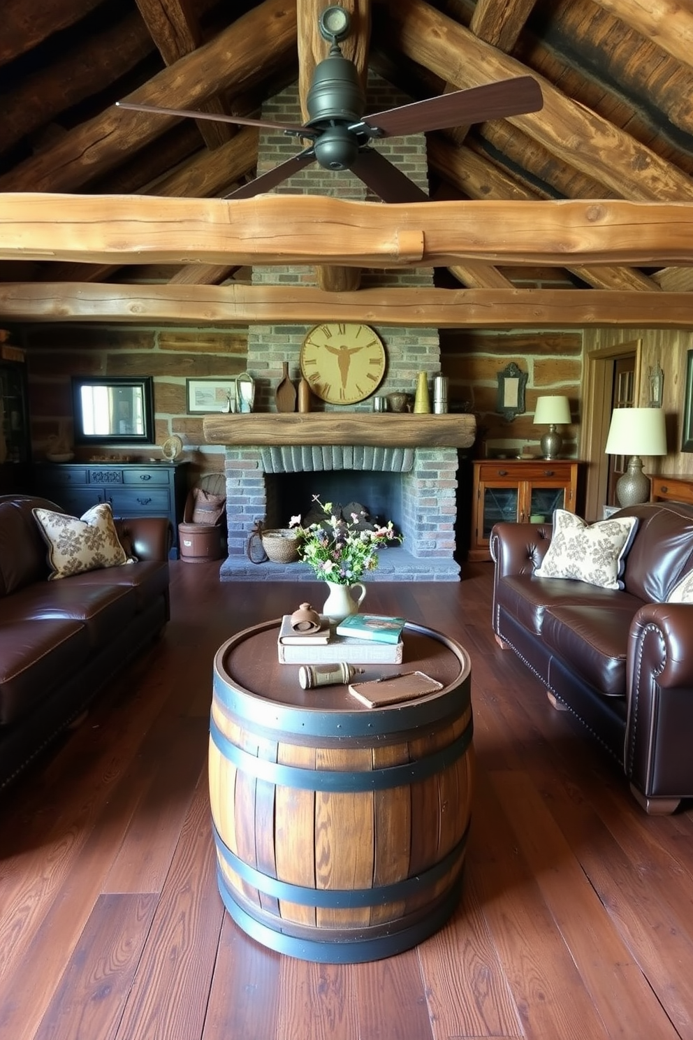 A rustic man cave featuring an antique whiskey barrel coffee table as the centerpiece. The room is adorned with exposed wooden beams, leather sofas, and vintage decor elements that create a warm and inviting atmosphere.