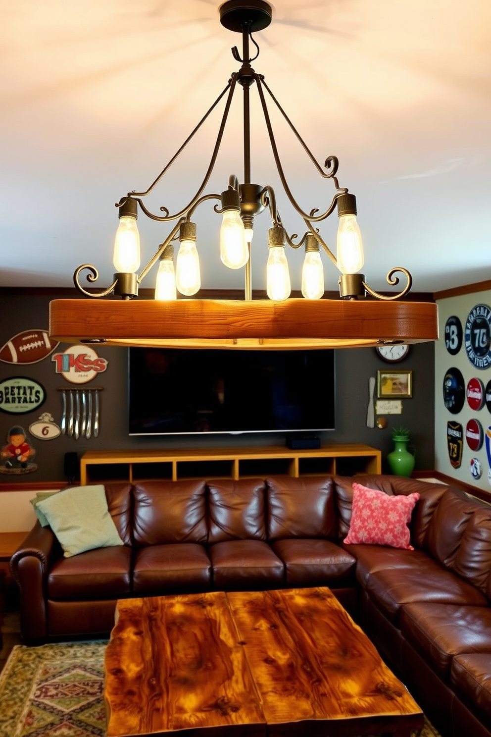 A rustic chandelier hangs from the ceiling, featuring exposed Edison bulbs that cast a warm glow across the room. The chandelier is crafted from reclaimed wood and wrought iron, adding character to the space. The man cave is designed with a cozy atmosphere, featuring a large leather sectional sofa and a reclaimed wood coffee table. Vintage sports memorabilia decorates the walls, enhancing the rustic charm of the room.