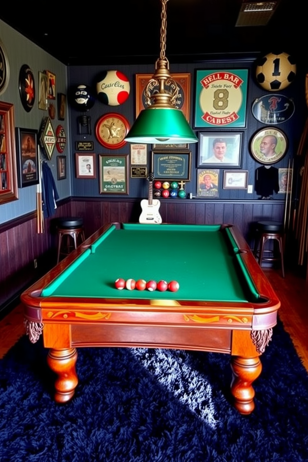 A cozy man cave featuring an old-fashioned pool table made of dark wood with green felt. The walls are adorned with vintage sports memorabilia and the floors are covered with a plush, dark rug for added comfort.