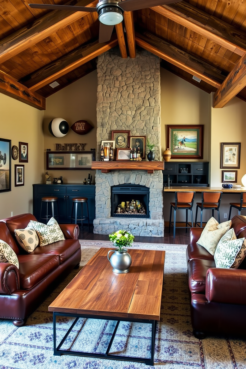 A cozy man cave featuring rustic wooden beams and a stone fireplace as the focal point. The space includes a leather sectional sofa adorned with plush throw pillows and a reclaimed wood coffee table with metallic accents. On the walls, vintage sports memorabilia and framed artwork add character to the room. A bar area made of distressed wood with metal stools complements the rustic charm while providing a perfect spot for entertaining.