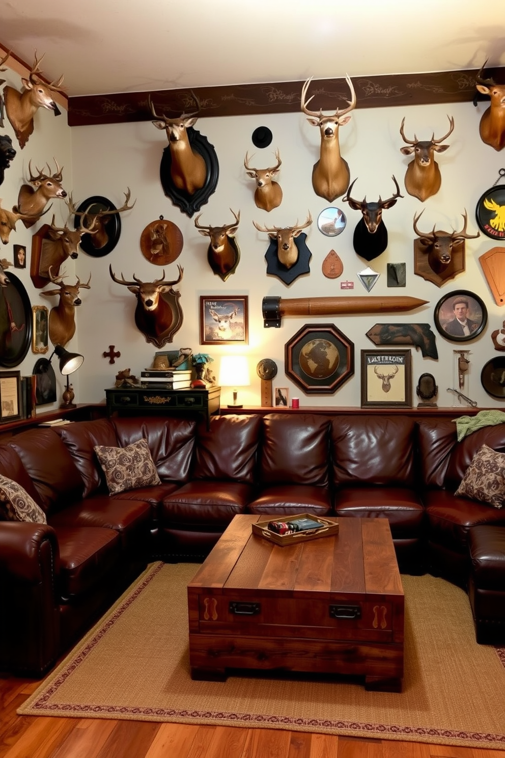 A rustic man cave featuring hunting trophies as wall decor. The walls are adorned with various mounted deer heads and vintage hunting memorabilia, creating an authentic and cozy atmosphere. The furniture includes a large leather sectional sofa and a reclaimed wood coffee table. Soft lighting from industrial-style lamps enhances the warm, inviting ambiance of the space.