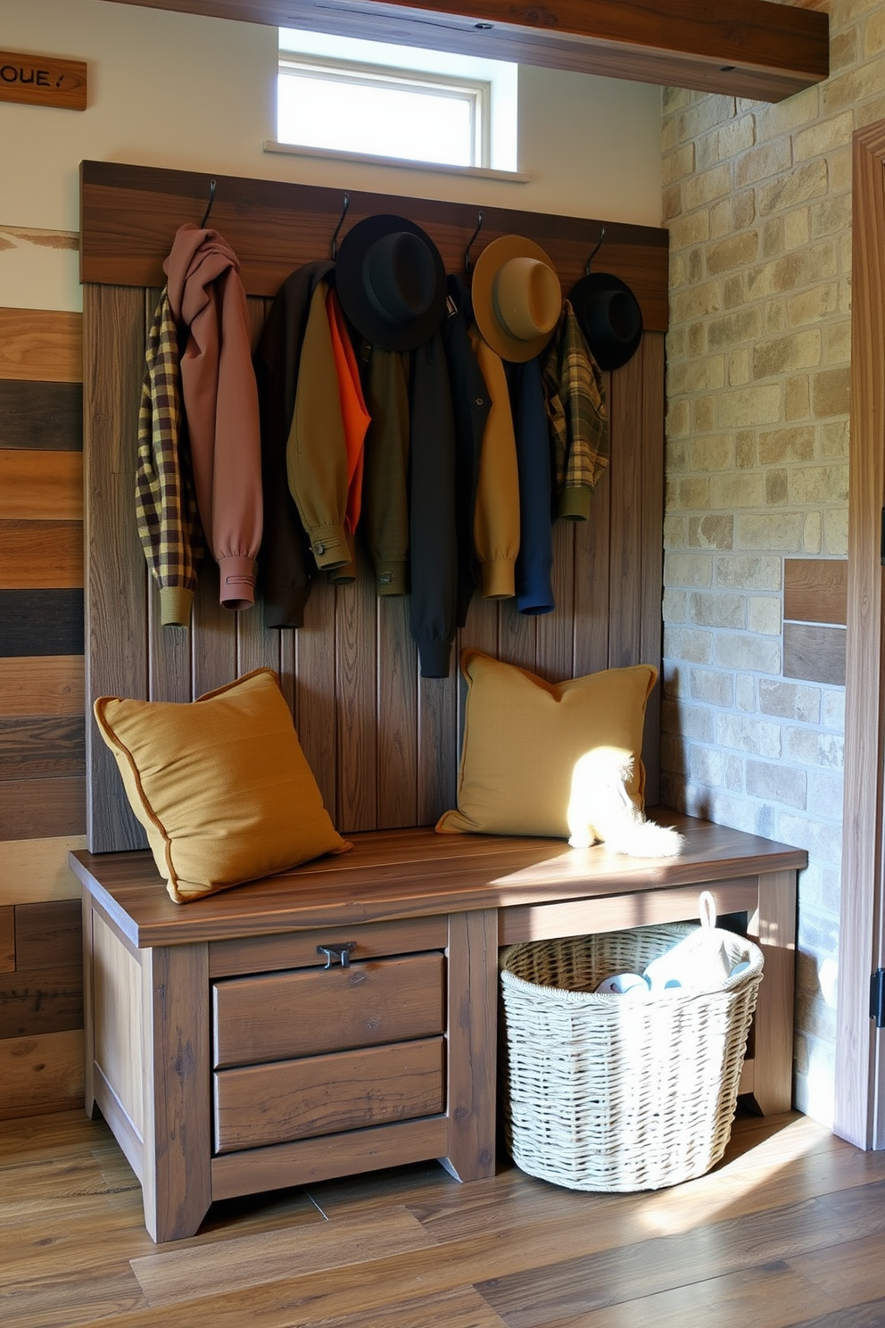 Cozy bench with reclaimed wood accents. The bench is adorned with soft, plush cushions and surrounded by hooks for hanging coats and bags. Rustic mudroom design ideas feature a combination of natural materials and earthy tones. The space includes woven baskets for storage and a durable, textured rug for added warmth.