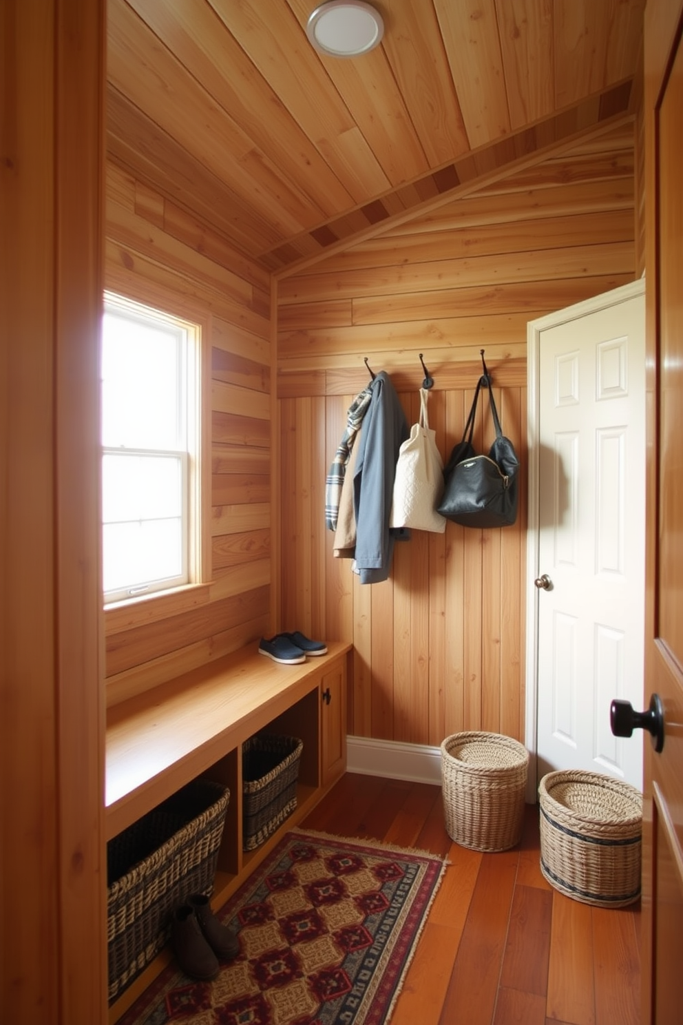 A rustic mudroom featuring a combination of reclaimed wood and stone accents. The space includes built-in benches with storage underneath and hooks for coats, surrounded by potted plants that add a touch of greenery.