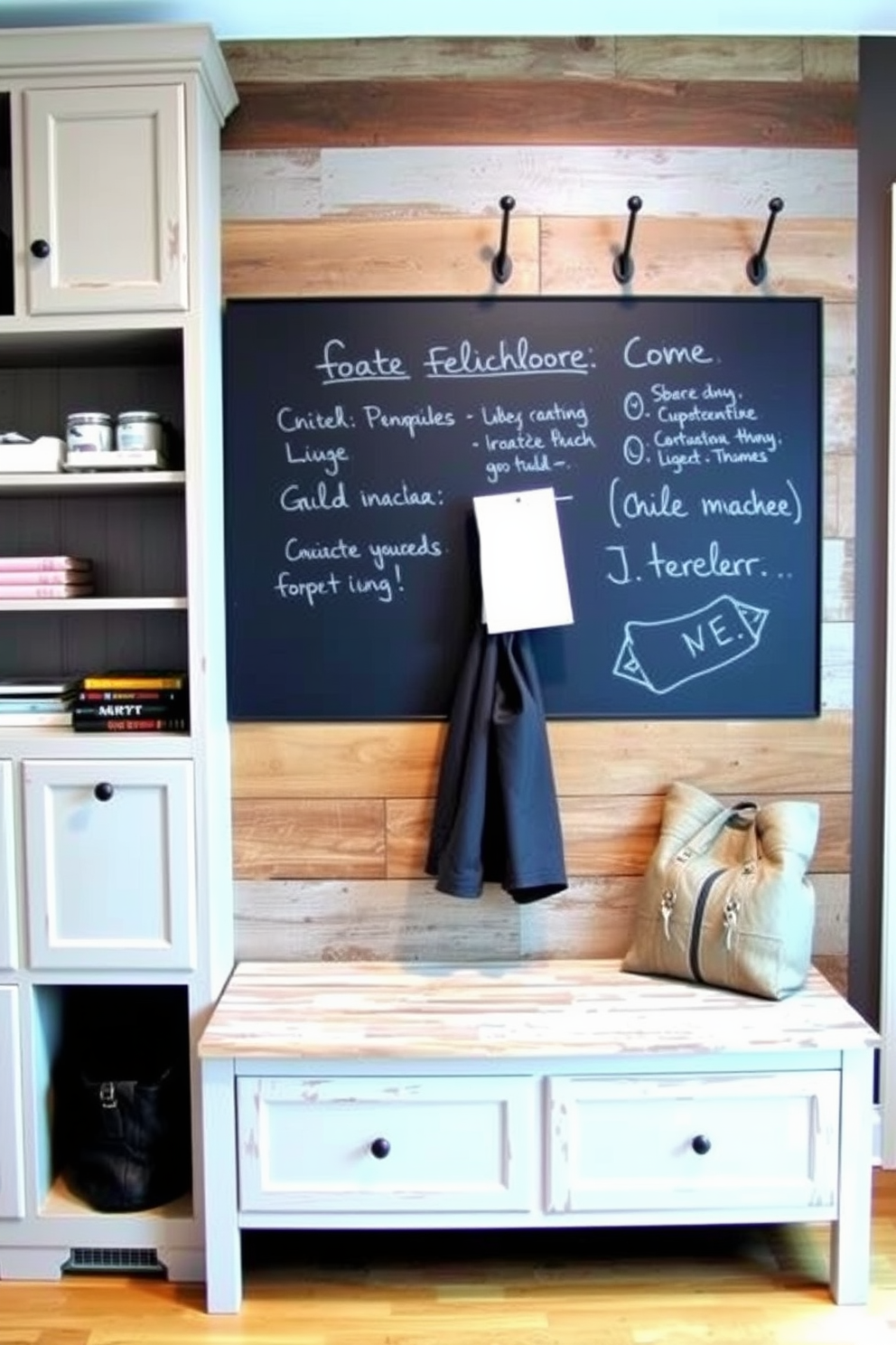 Worn leather cushions are arranged on a wooden bench, creating a cozy seating area that invites relaxation. The bench is placed against a backdrop of shiplap walls painted in a soft white, enhancing the rustic charm of the space. The mudroom features a combination of open shelving and closed cabinets, providing ample storage for shoes and outdoor gear. A durable, patterned rug lies beneath, adding warmth and texture to the earthy tones of the room.