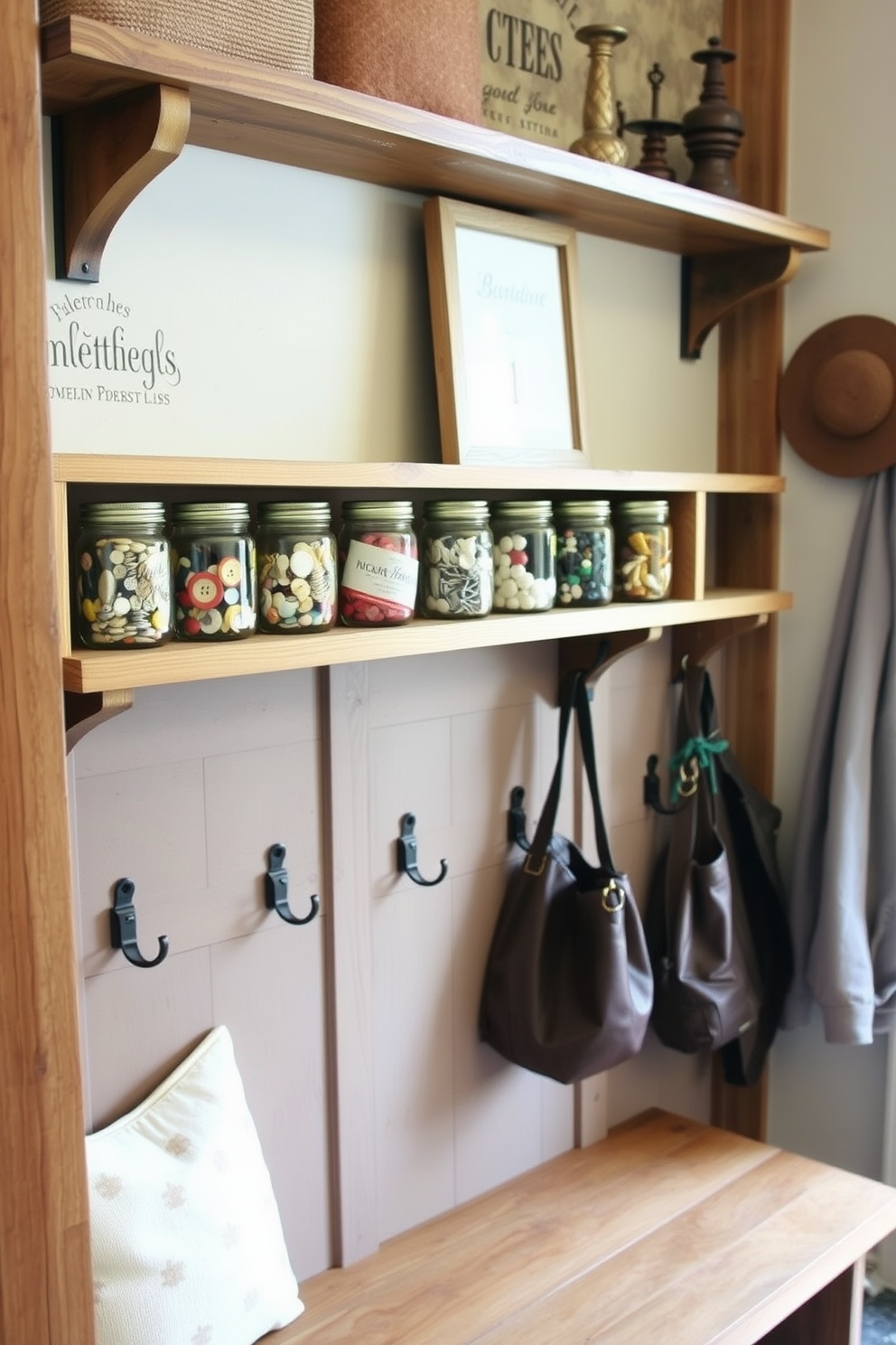 A rustic mudroom features a sliding barn door that adds charm while providing a space-saving solution. The room is adorned with wooden benches and hooks for coats, creating a warm and inviting atmosphere.