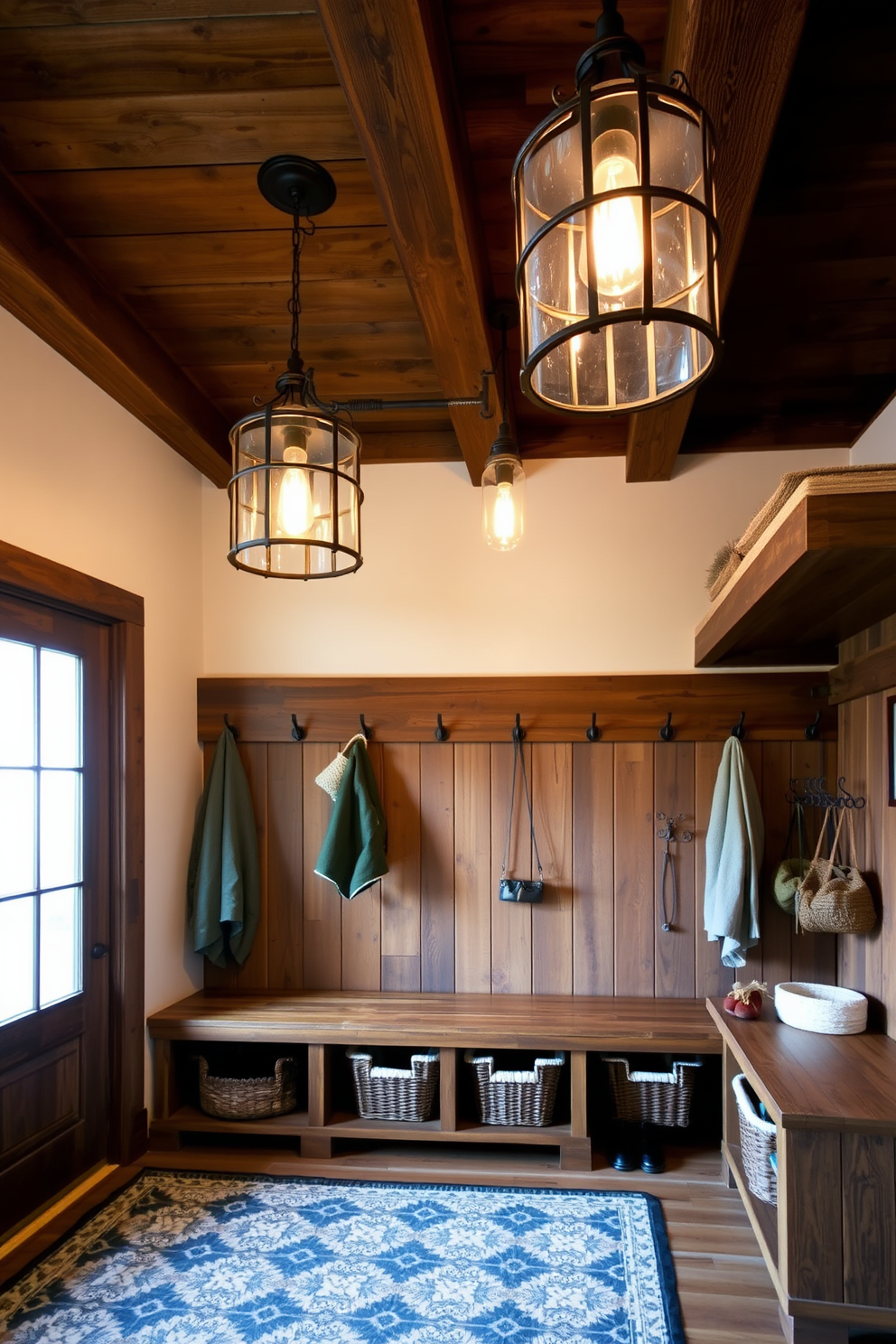 A cozy mudroom featuring wall-mounted coat racks with a rustic finish. The space is adorned with weathered wood accents and a bench for seating, creating a warm and inviting atmosphere.