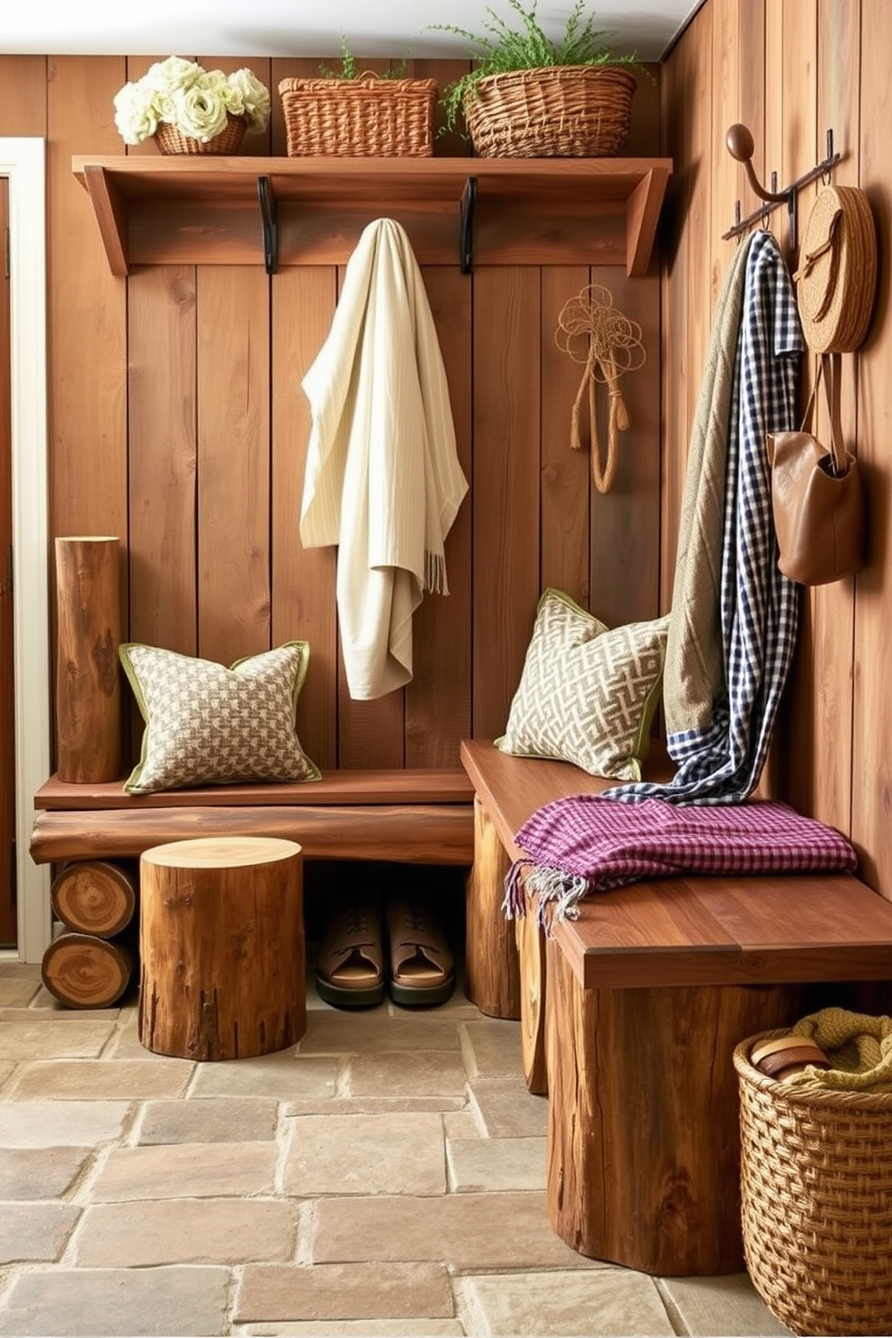 A rustic ladder made of reclaimed wood leans against a wall, adorned with cozy knitted blankets in various earthy tones. The ladder adds warmth and texture to the space while providing a practical solution for blanket storage. The mudroom features a combination of shiplap walls and a slate tile floor, creating a welcoming entryway. A built-in bench with storage cubbies and hooks for coats enhances functionality while maintaining a rustic charm.