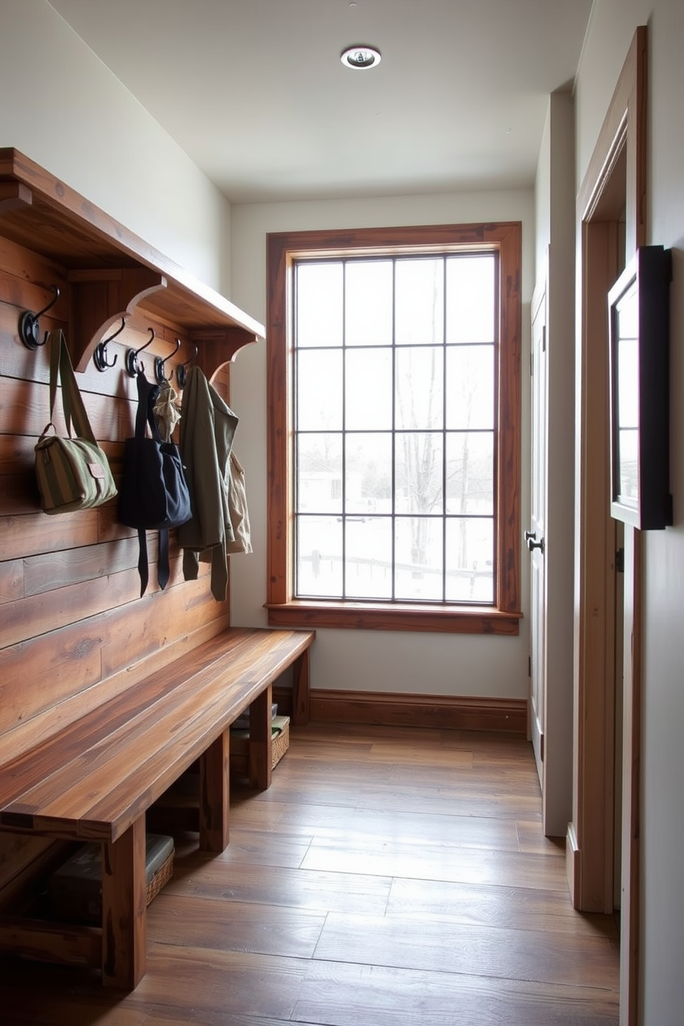 A rustic mudroom features distressed wood paneling that creates a cozy and inviting atmosphere. The space includes a built-in bench with storage underneath, surrounded by hooks for hanging coats and bags.